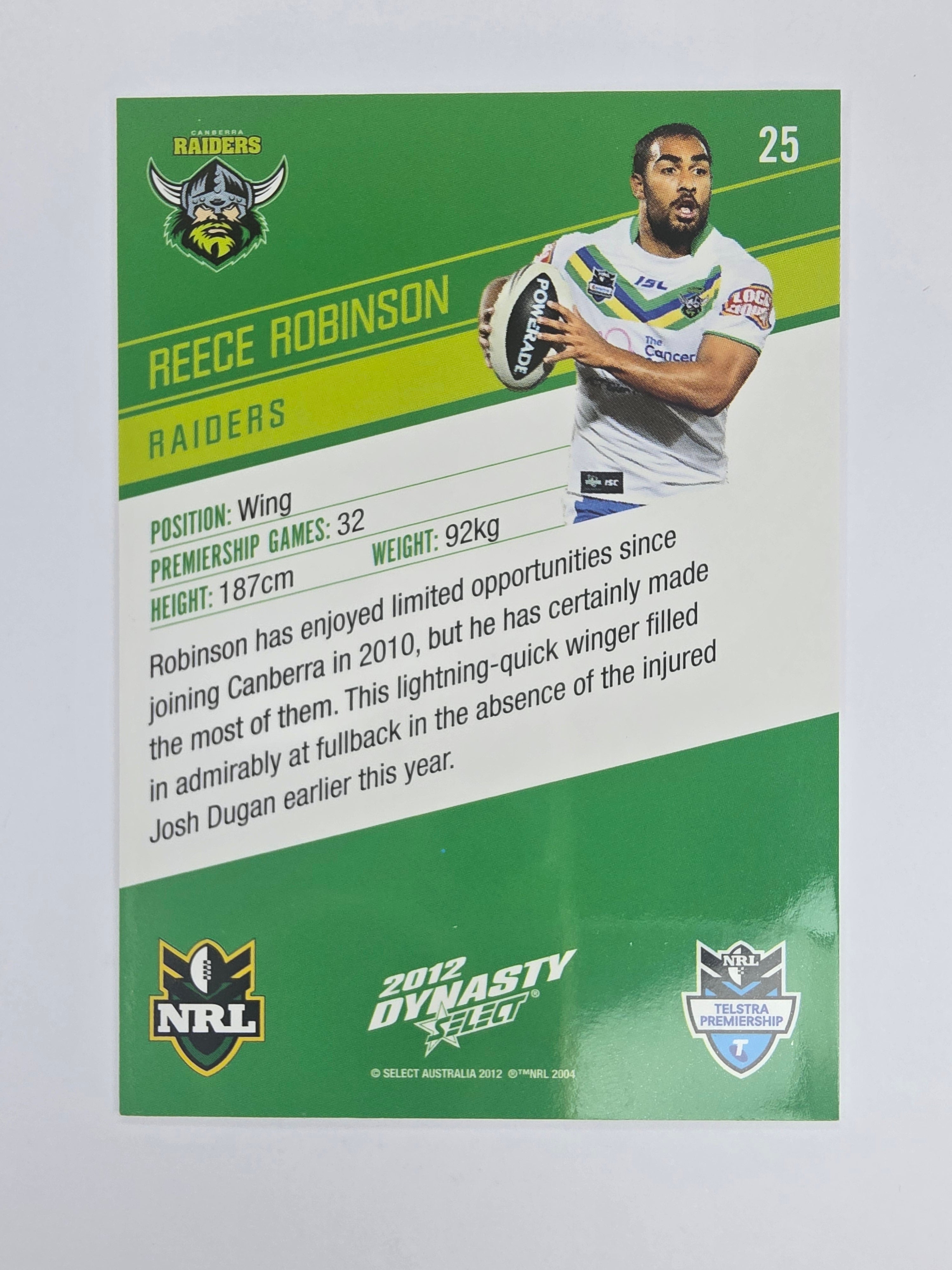 NRL 2012 Dynasty Base Card #25 Reece Robinson Canberra Raiders