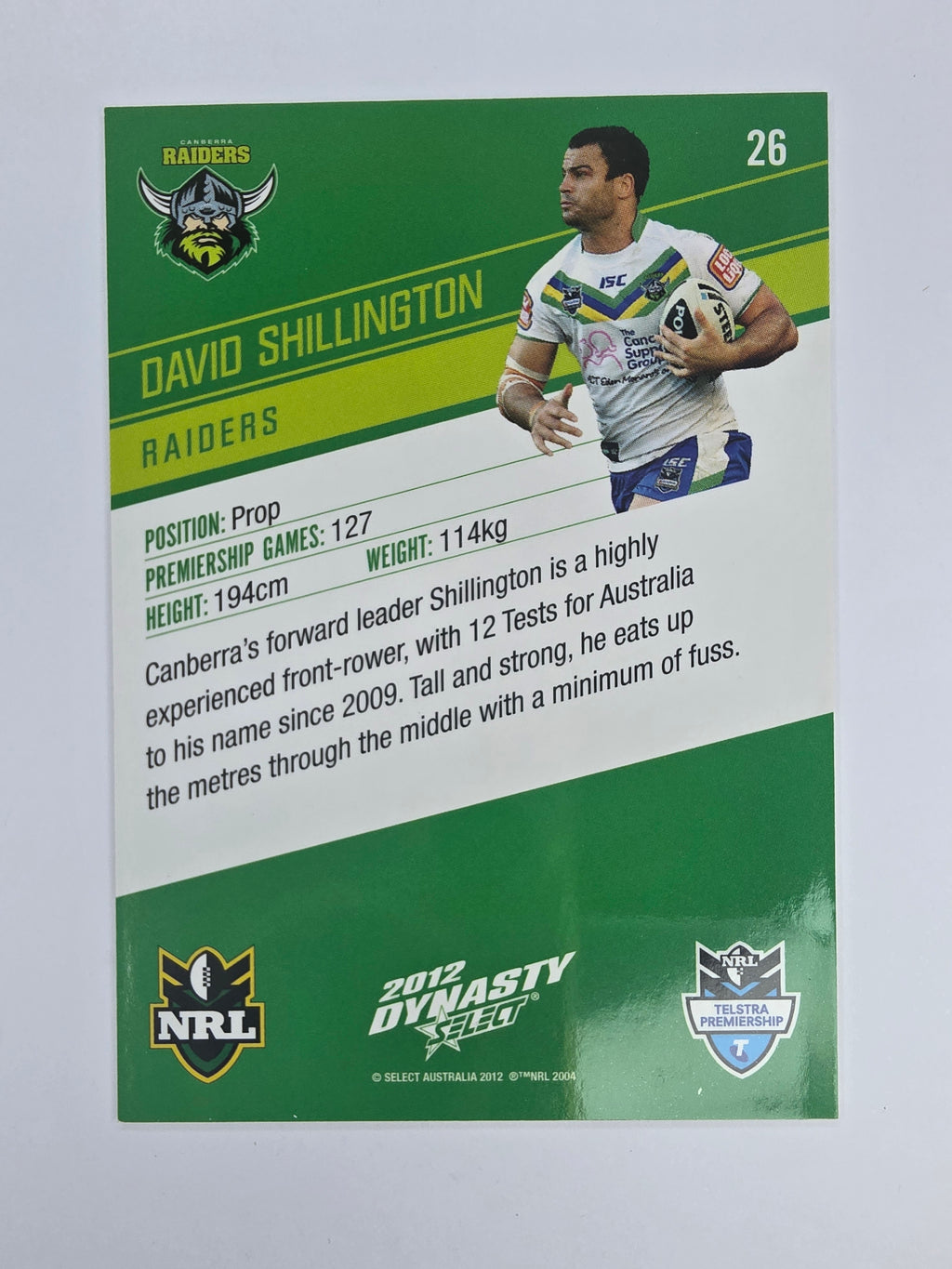 NRL 2012 Dynasty Base Card #26 David Shillington Canberra Raiders