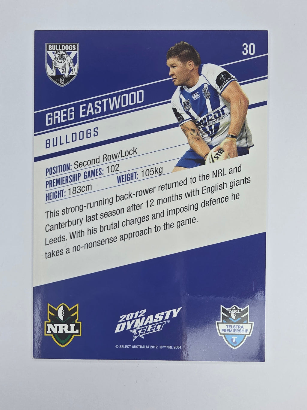 NRL 2012 Dynasty Base Card #30 Greg Eastwood Canterbury Bankstown Bulldogs