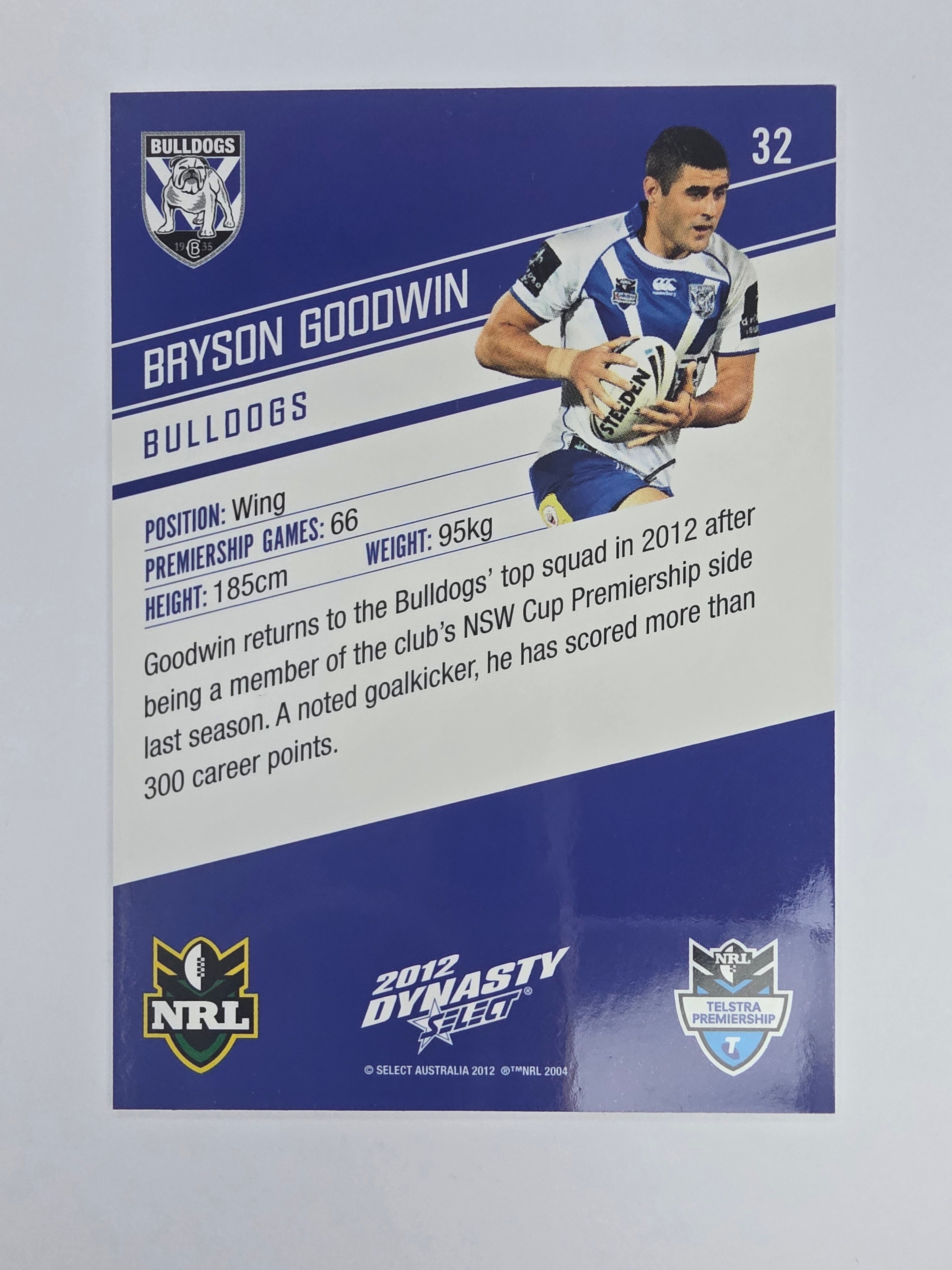 NRL 2012 Dynasty Base Card #32 Bryson Goodwin Canterbury Bankstown Bulldogs