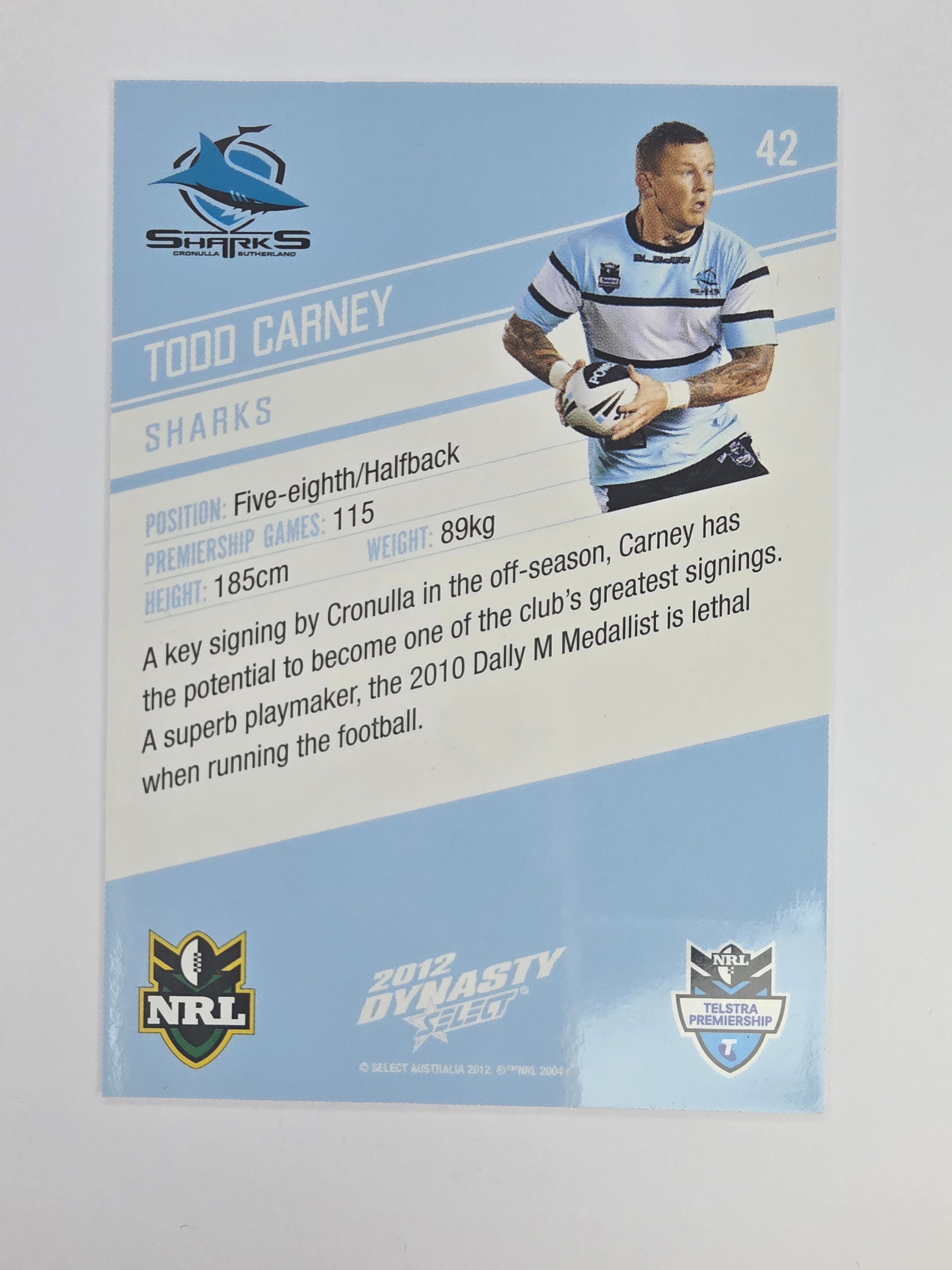 NRL 2012 Dynasty Base Card #42 Todd Carney Cronulla Sutherland Sharks