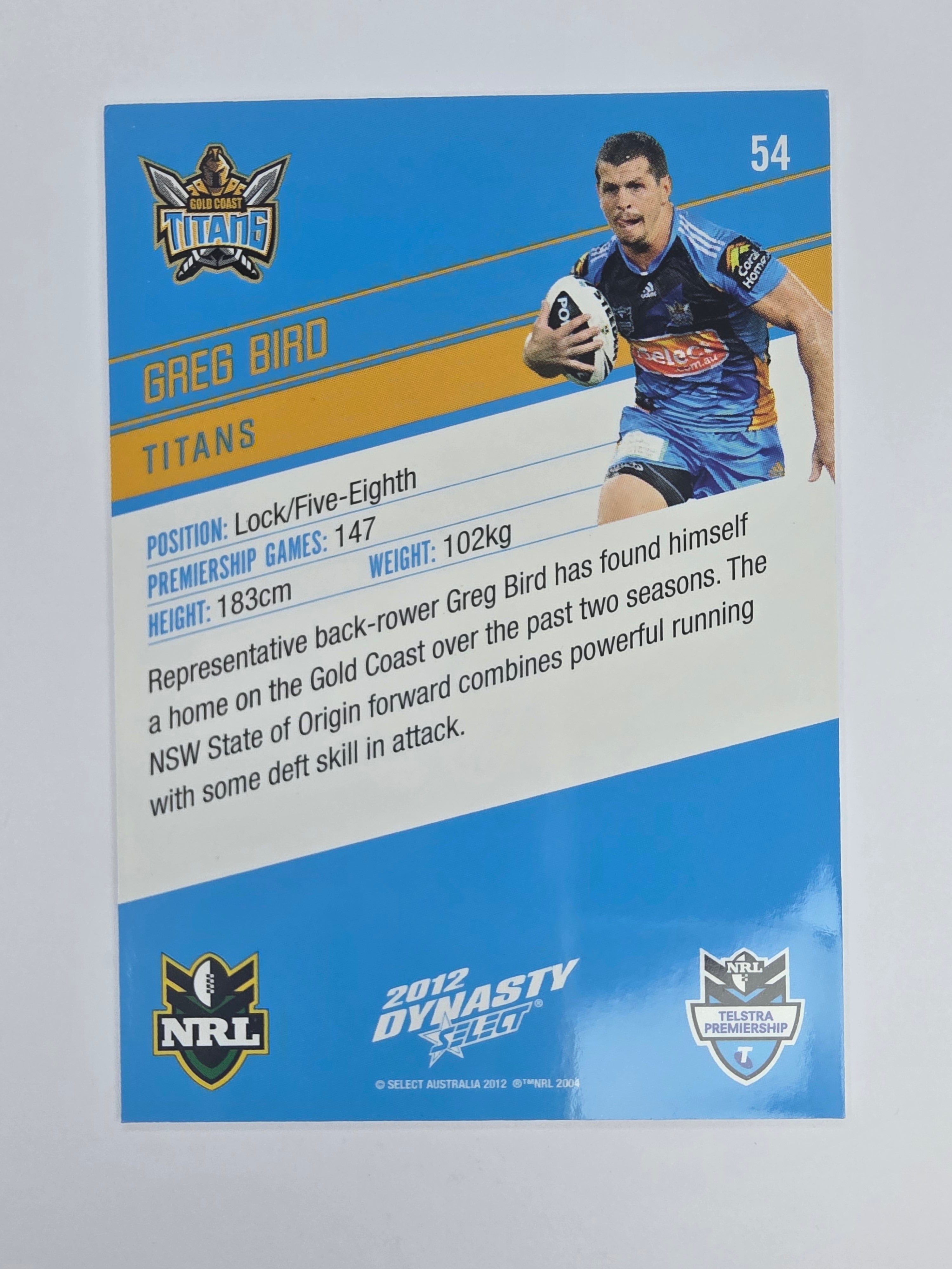 NRL 2012 Dynasty Base Card #54 Greg Bird Gold Coast Titans