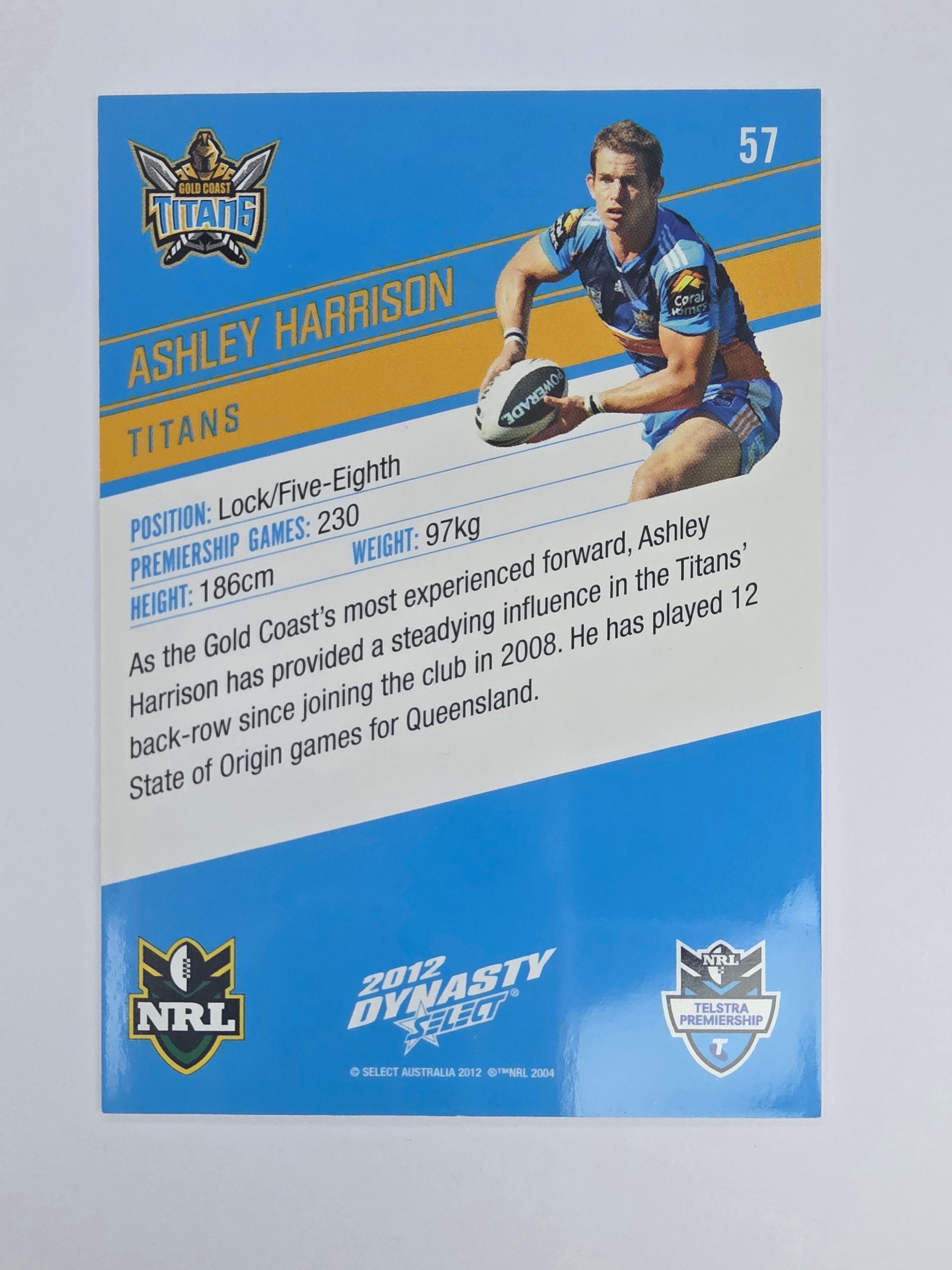 NRL 2012 Dynasty Base Card #57 Ashley Harrison Gold Coast Titans