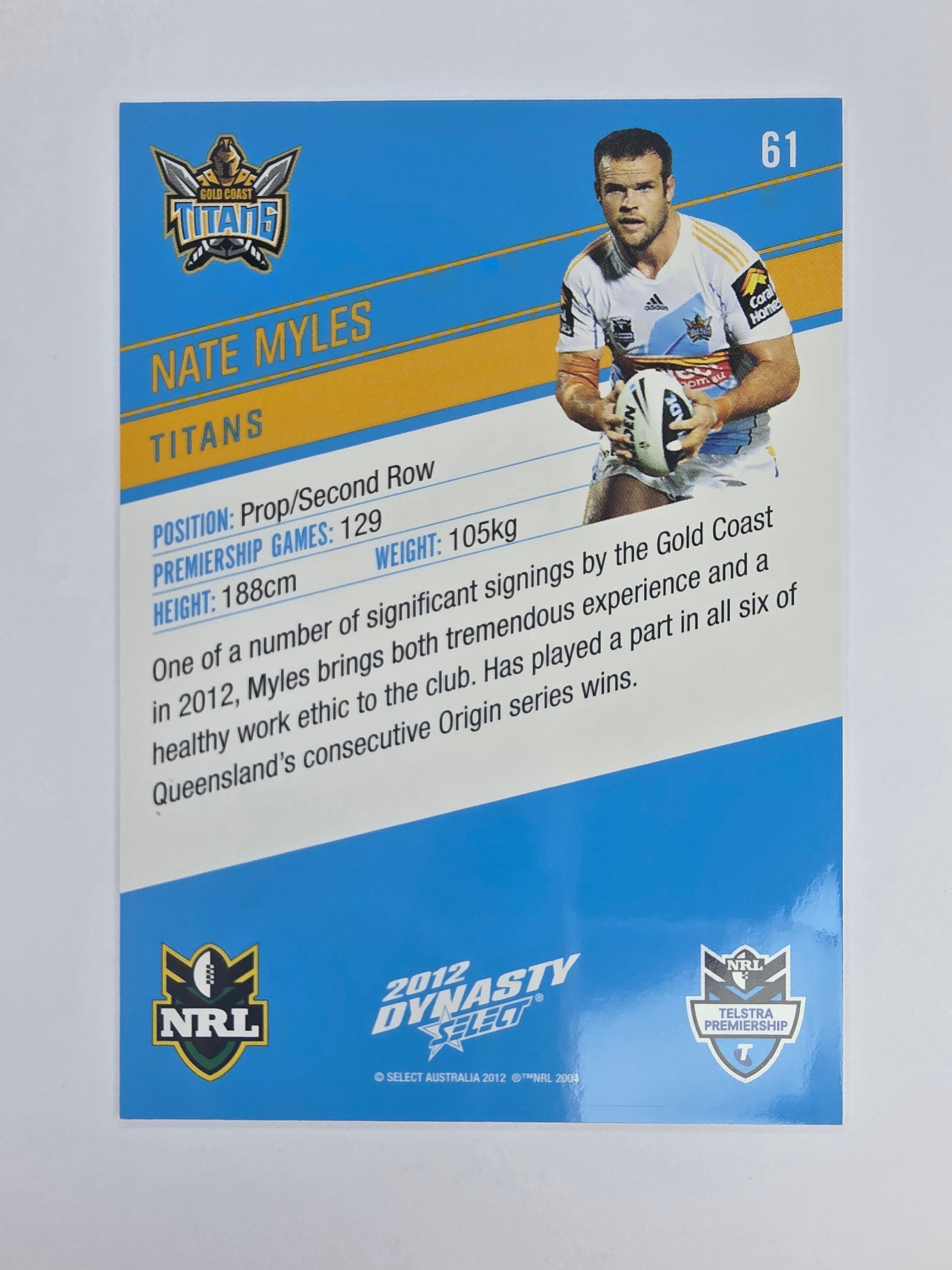 NRL 2012 Dynasty Base Card #61 Nate Myles Gold Coast Titans