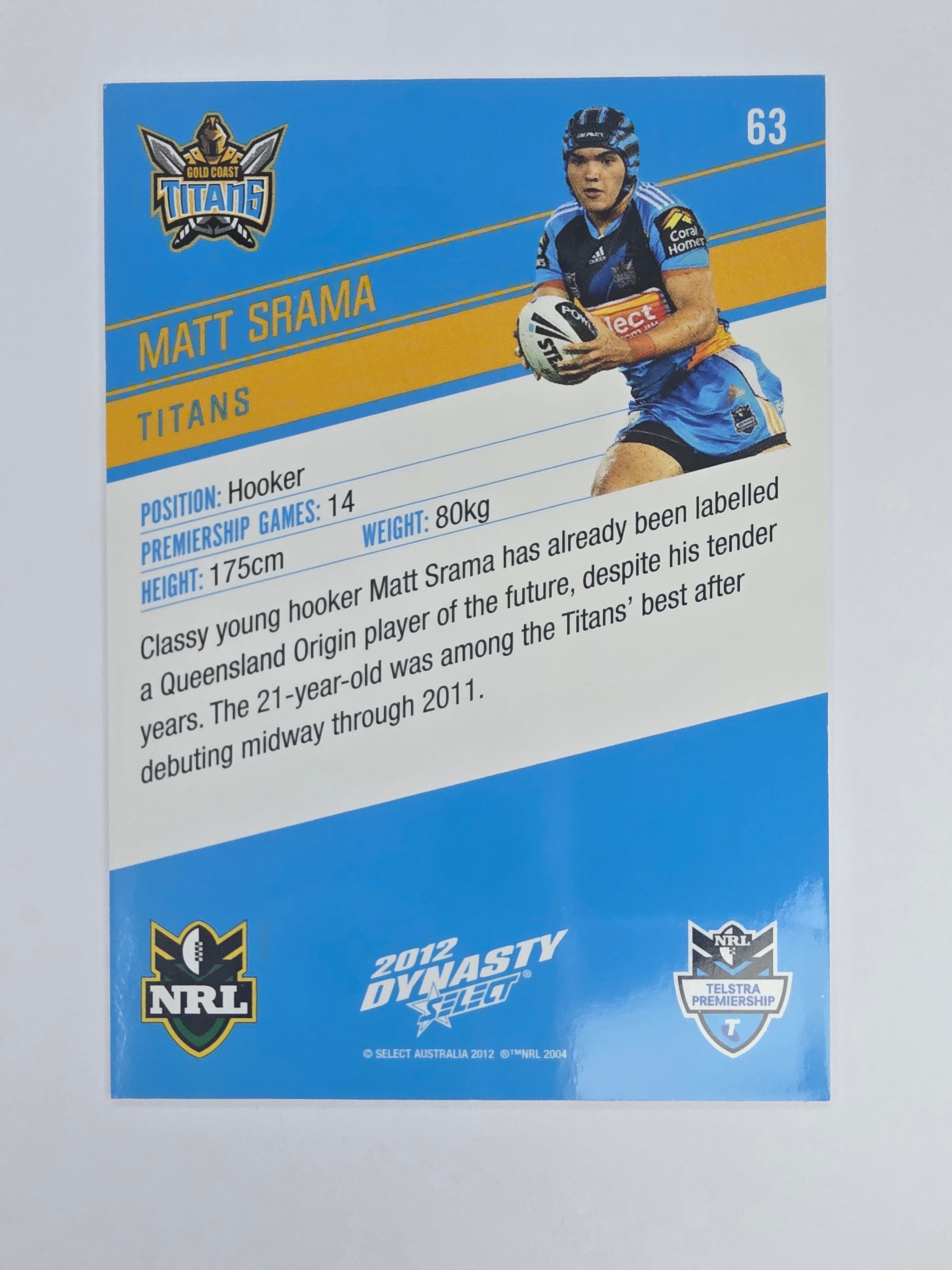 NRL 2012 Dynasty Base Card #63 Matt Srama Gold Coast Titans