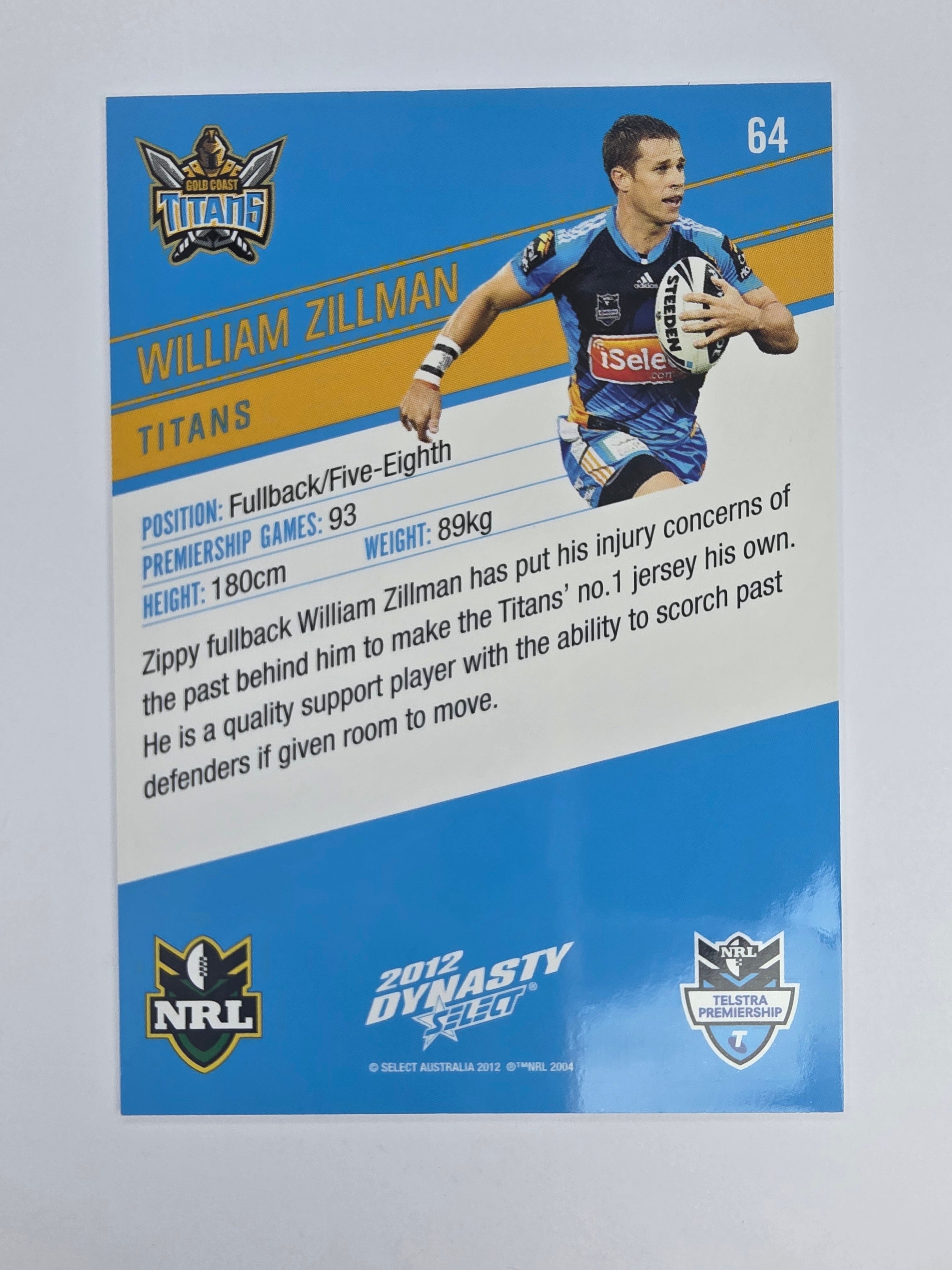 NRL 2012 Dynasty Base Card #64 William Zillman Gold Coast Titans