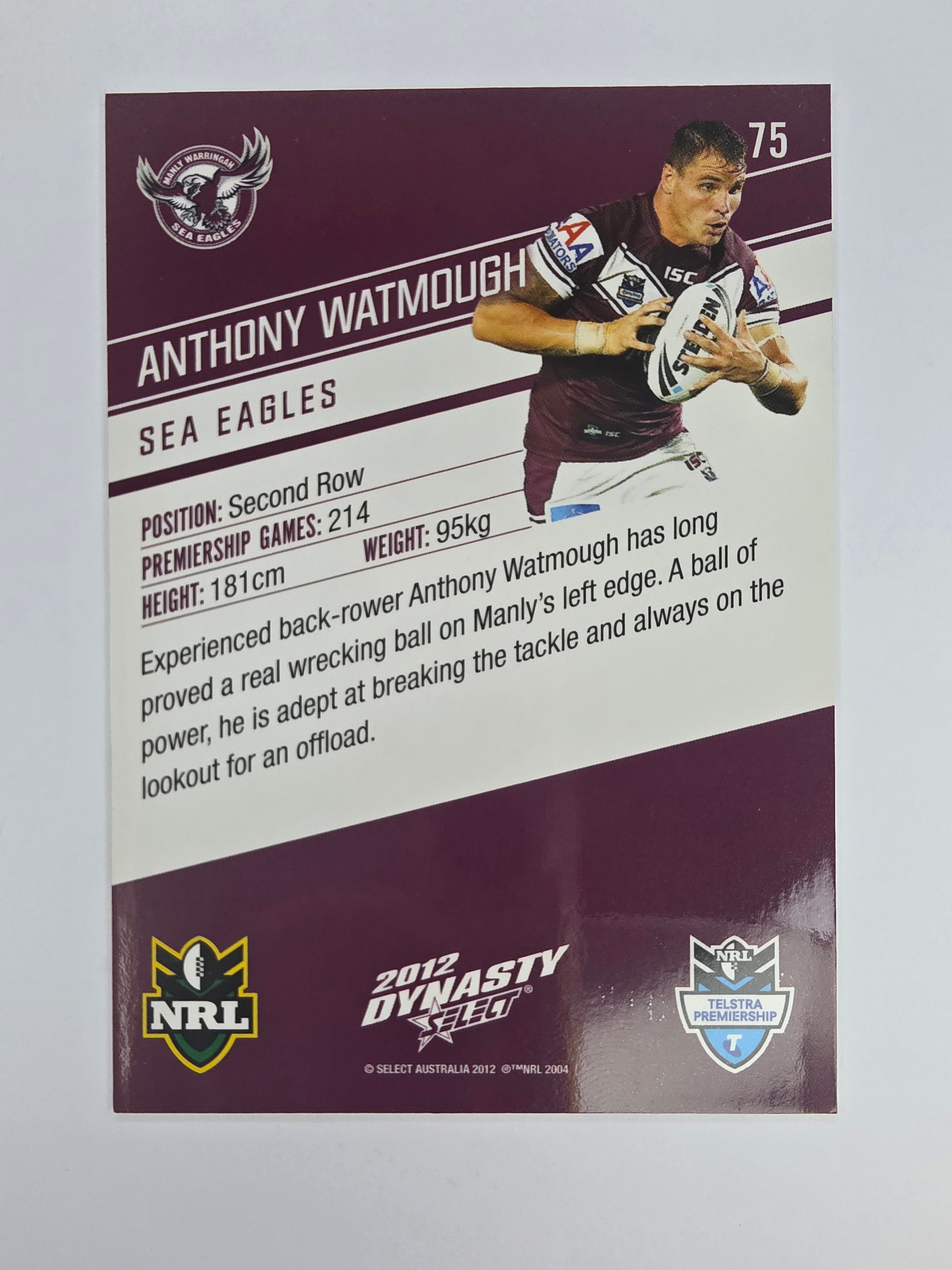 NRL 2012 Dynasty Base Card #75 Anthony Watmough Manly Warringah Sea Eagles