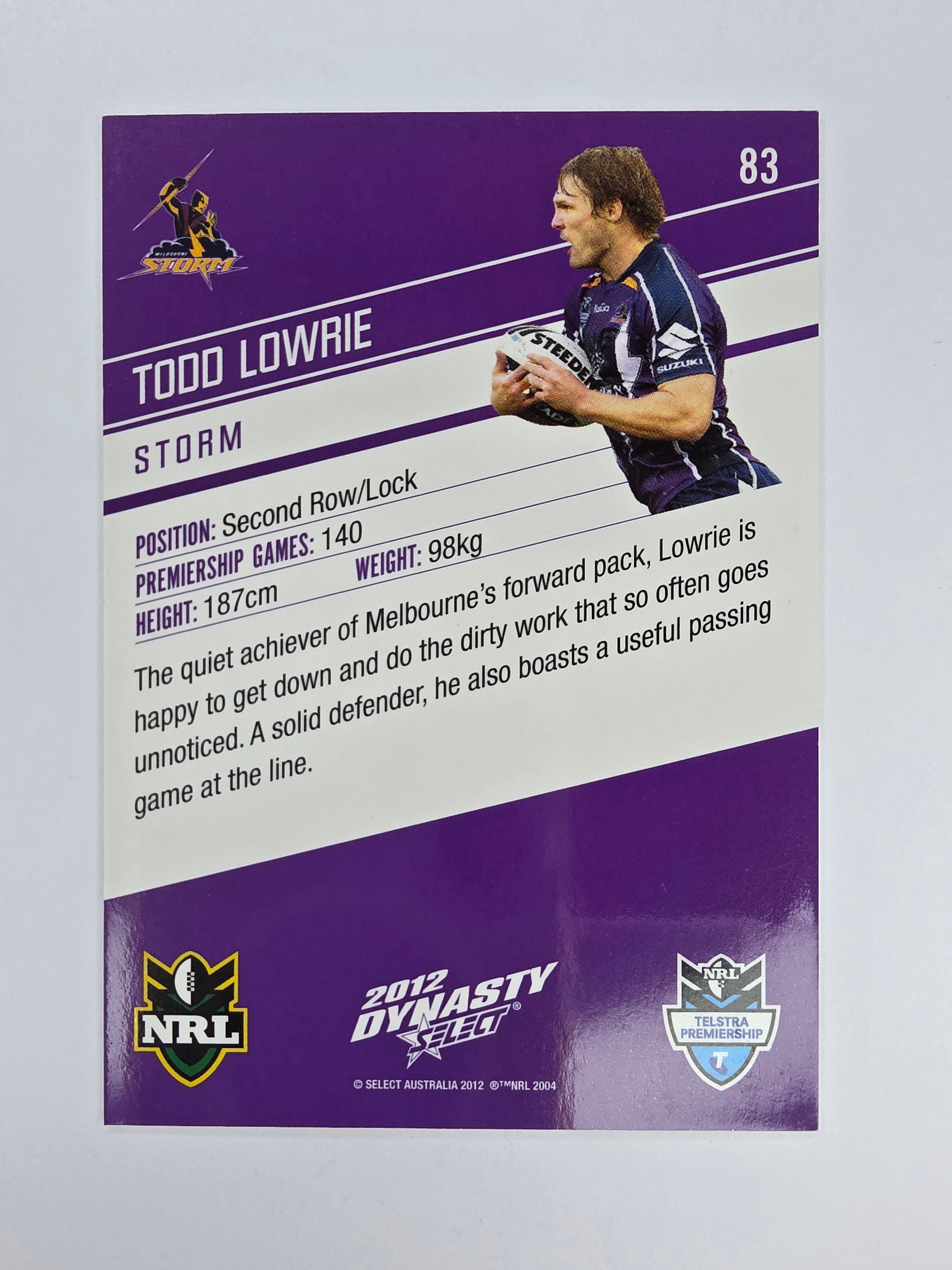 NRL 2012 Dynasty Base Card #83 Todd Lowrie Melbourne Storm