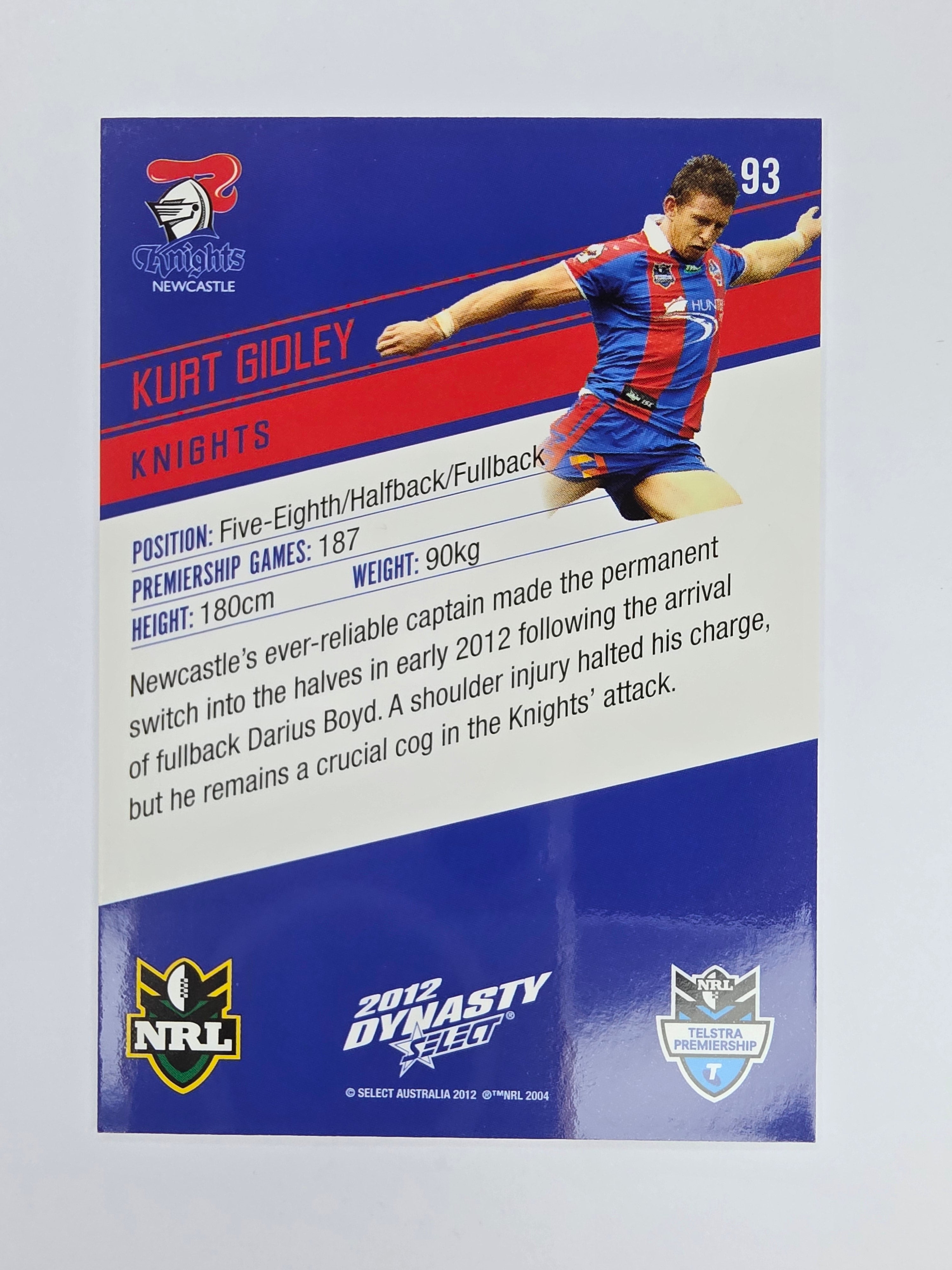NRL 2012 Dynasty Base Card #93 Kurt Gidley Newcastle Knights