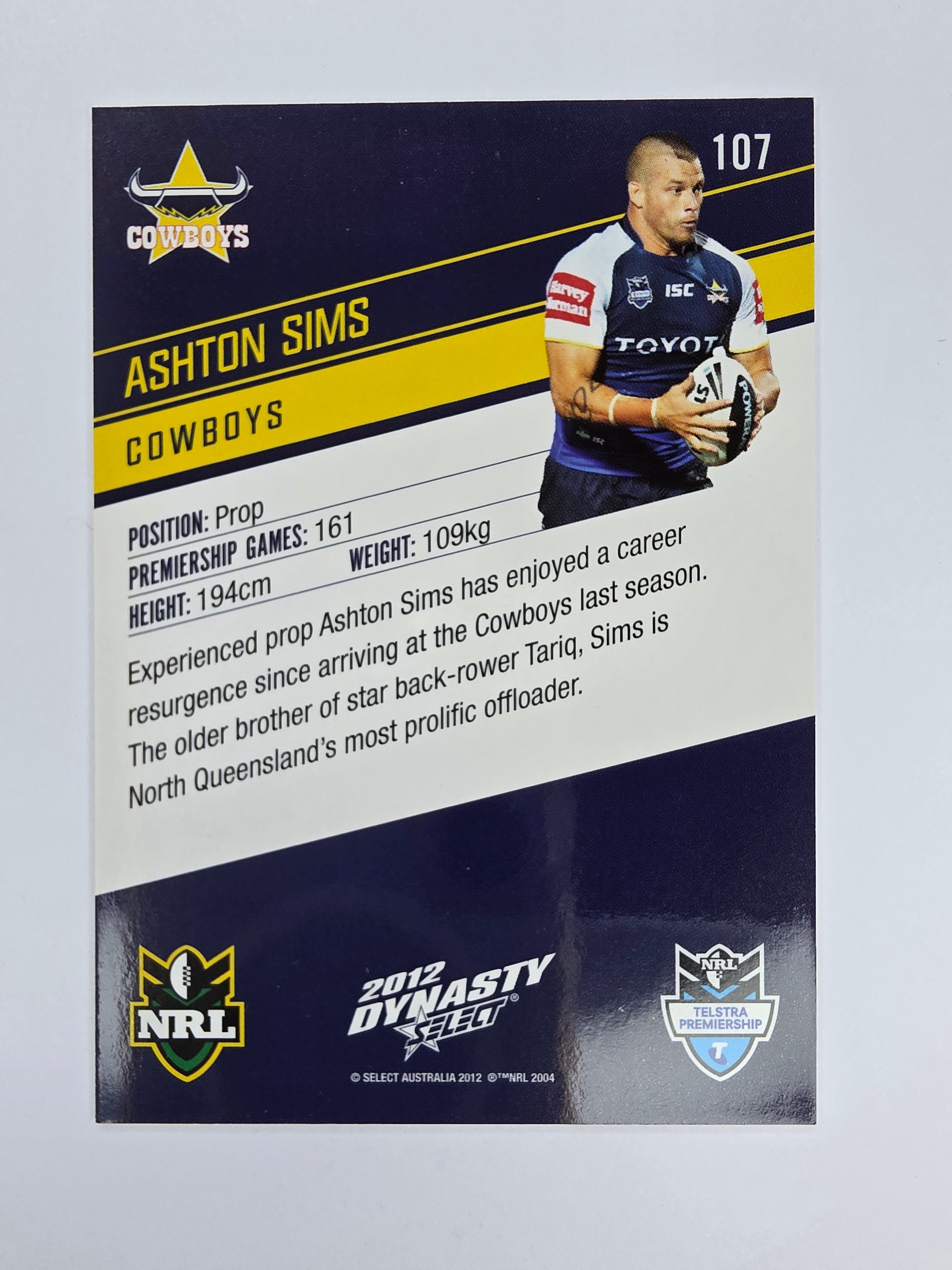 NRL 2012 Dynasty Base Card #107 Ashton Sims North Queensland Cowboys