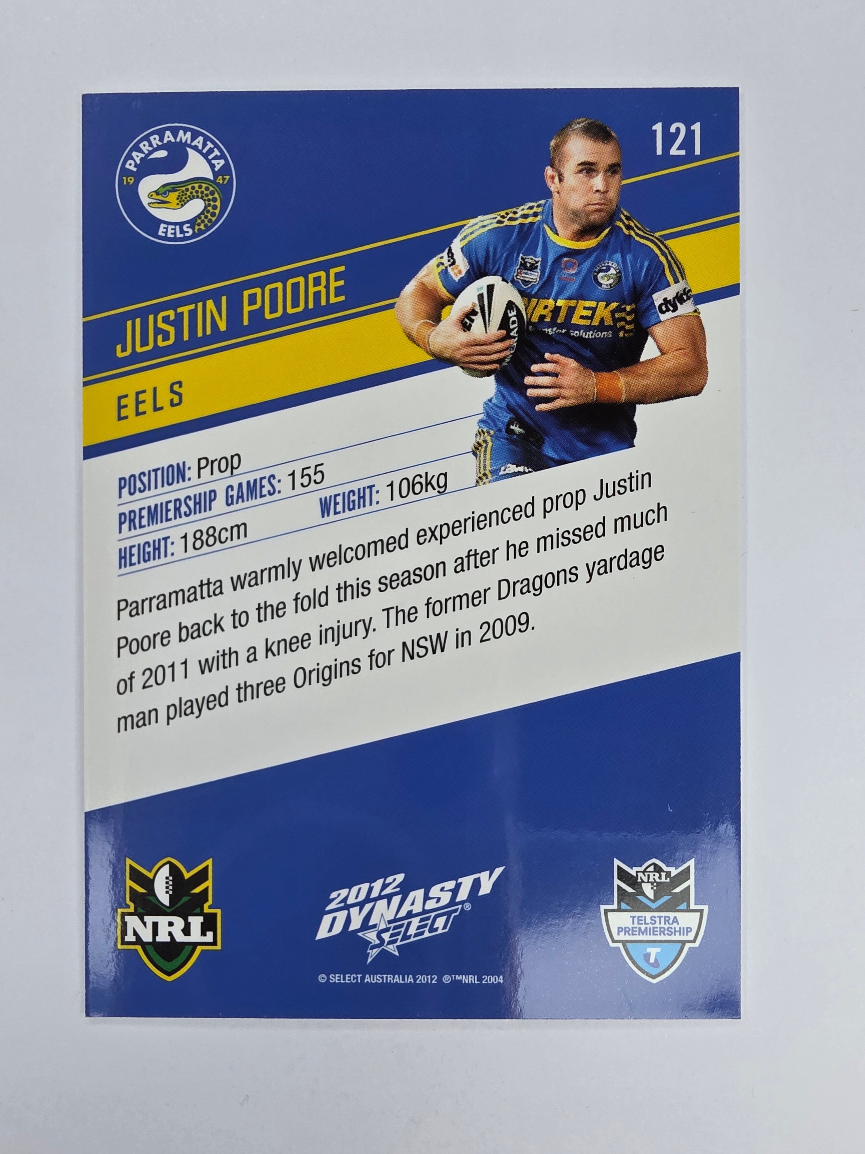 NRL 2012 Dynasty Base Card #121 Justin Poore Parramatta Eels