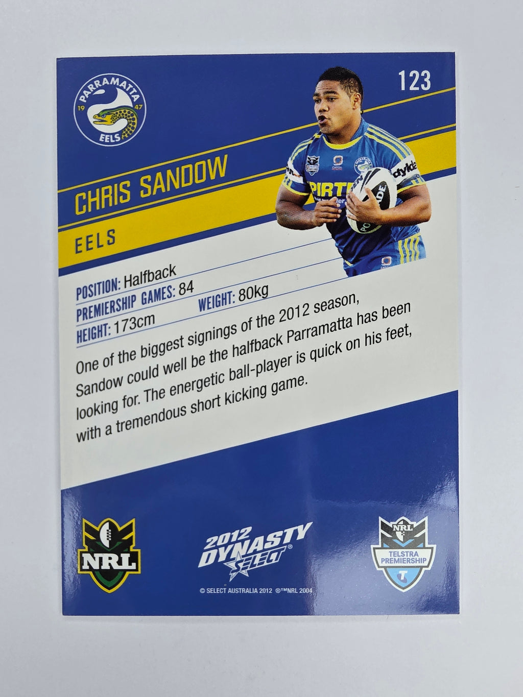 NRL 2012 Dynasty Base Card #123 Chris Sandow Parramatta Eels
