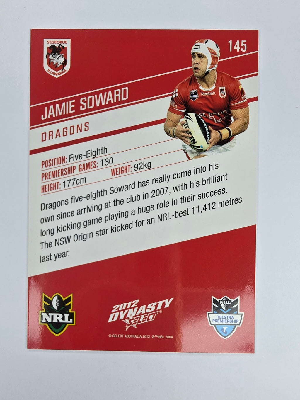 NRL 2012 Dynasty Base Card #145 Jamie Soward St George Illawarra Dragons