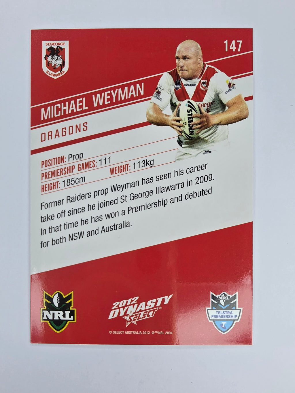 NRL 2012 Dynasty Base Card #147 Michael Weyman St George Illawarra Dragons