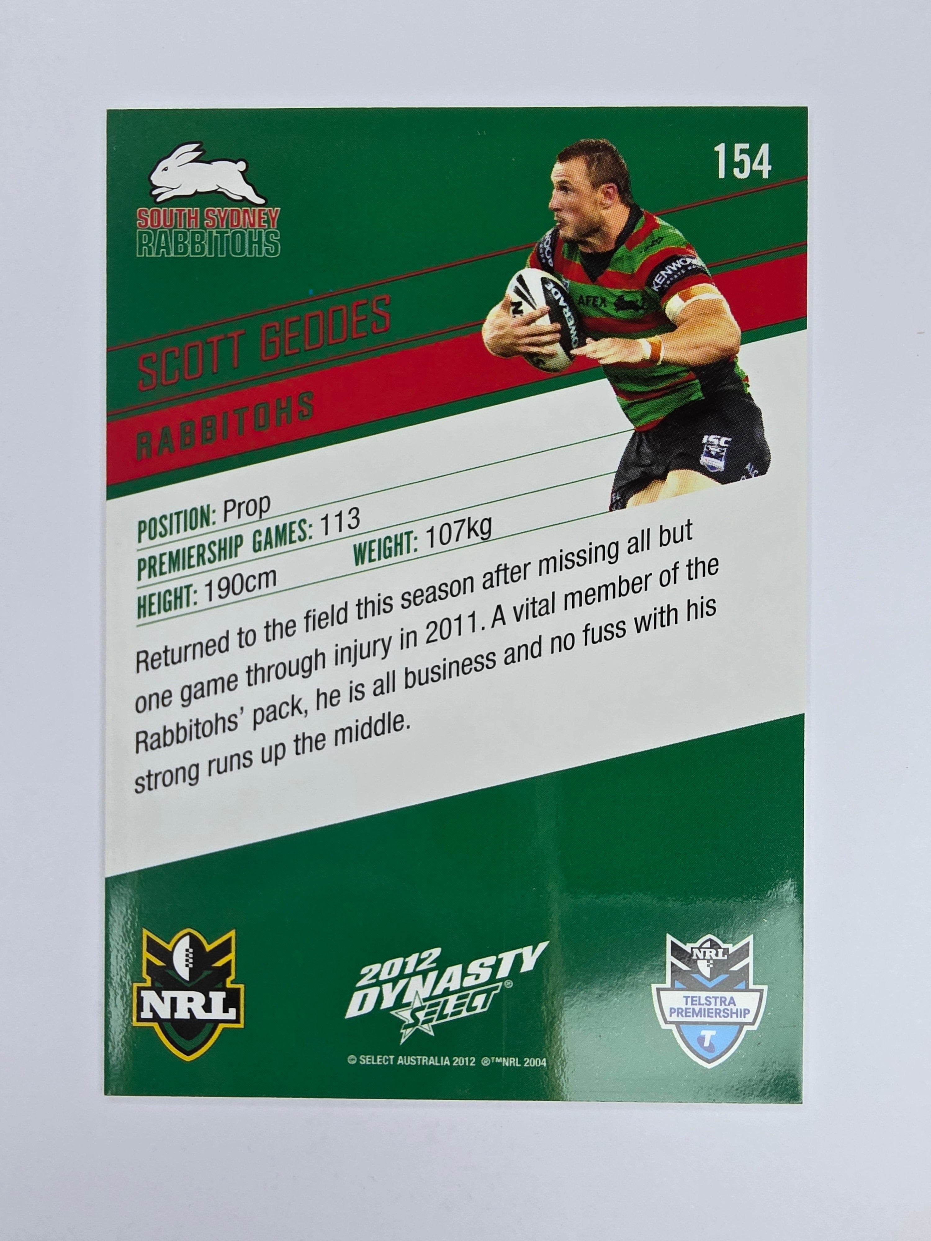 NRL 2012 Dynasty Base Card #154 Scott Geddes South Sydney Rabbitohs