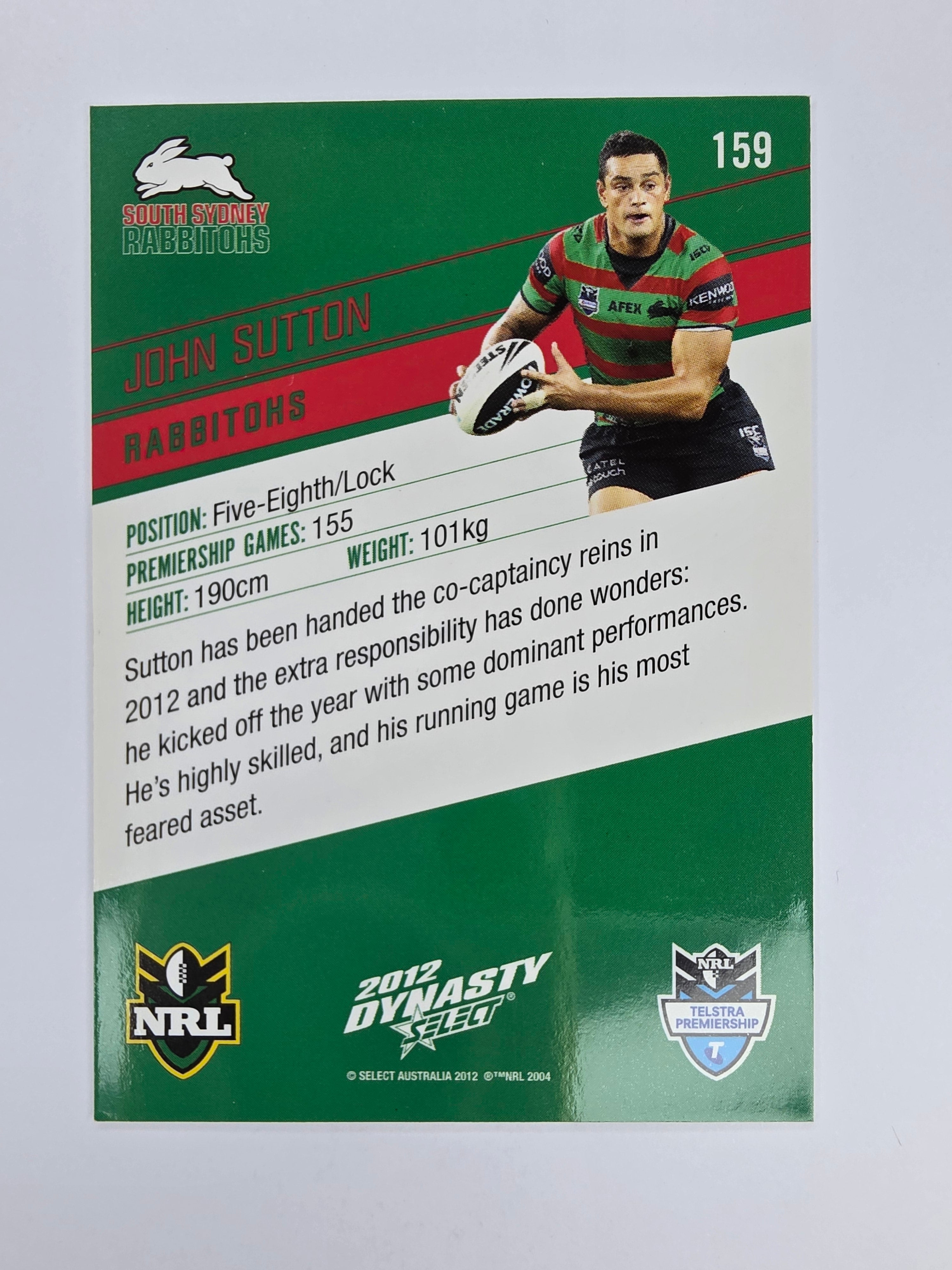 NRL 2012 Dynasty Base Card #159 John Sutton South Sydney Rabbitohs