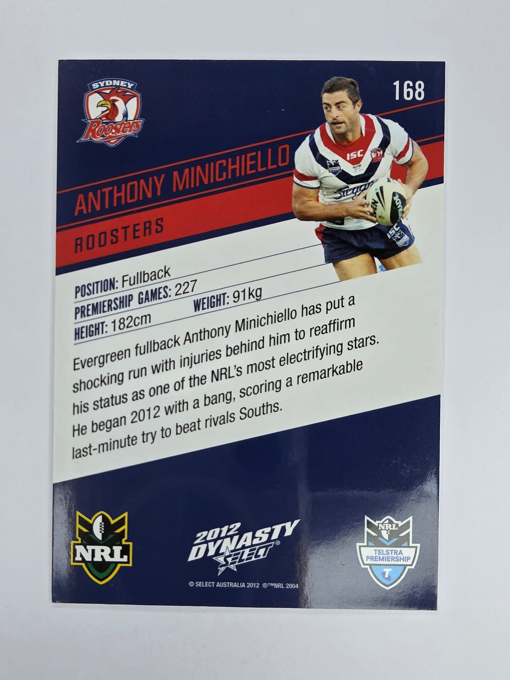 NRL 2012 Dynasty Base Card #168 Anthony Minichiello Sydney Roosters