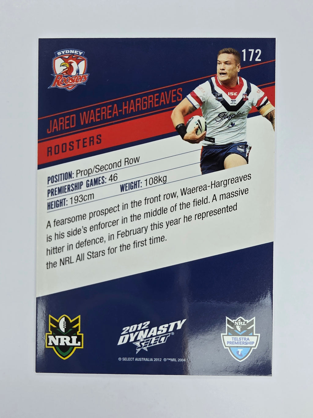 NRL 2012 Dynasty Base Card #172 Jared Waerea-Hargreaves Sydney Roosters