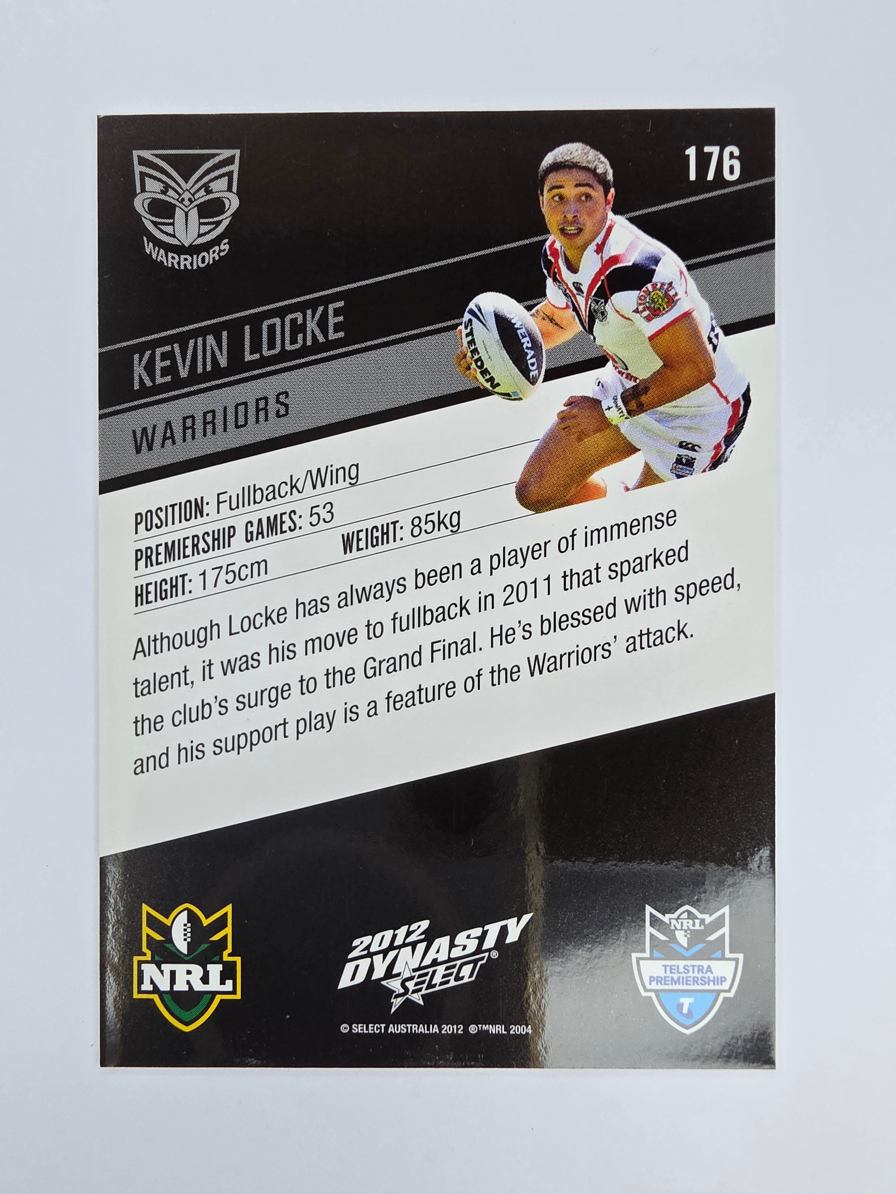 NRL 2012 Dynasty Base Card #176 Kevin Locke New Zealand Warriors