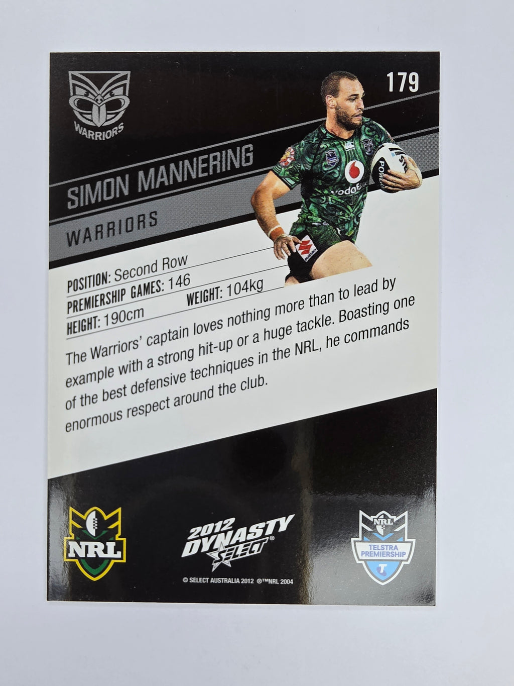 NRL 2012 Dynasty Base Card #179 Simon Mannering New Zealand Warriors