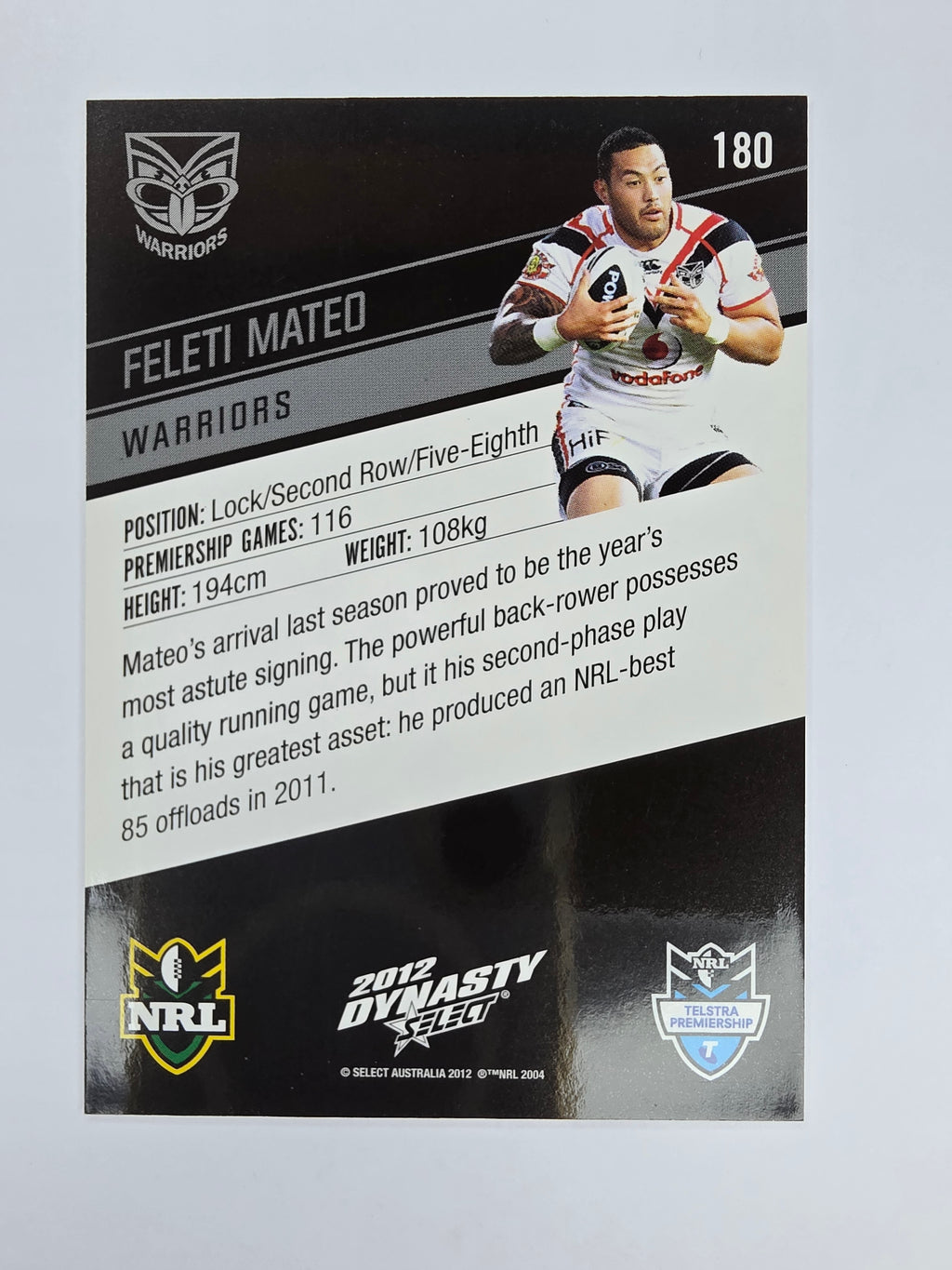 NRL 2012 Dynasty Base Card #180 Feleti Mateo New Zealand Warriors