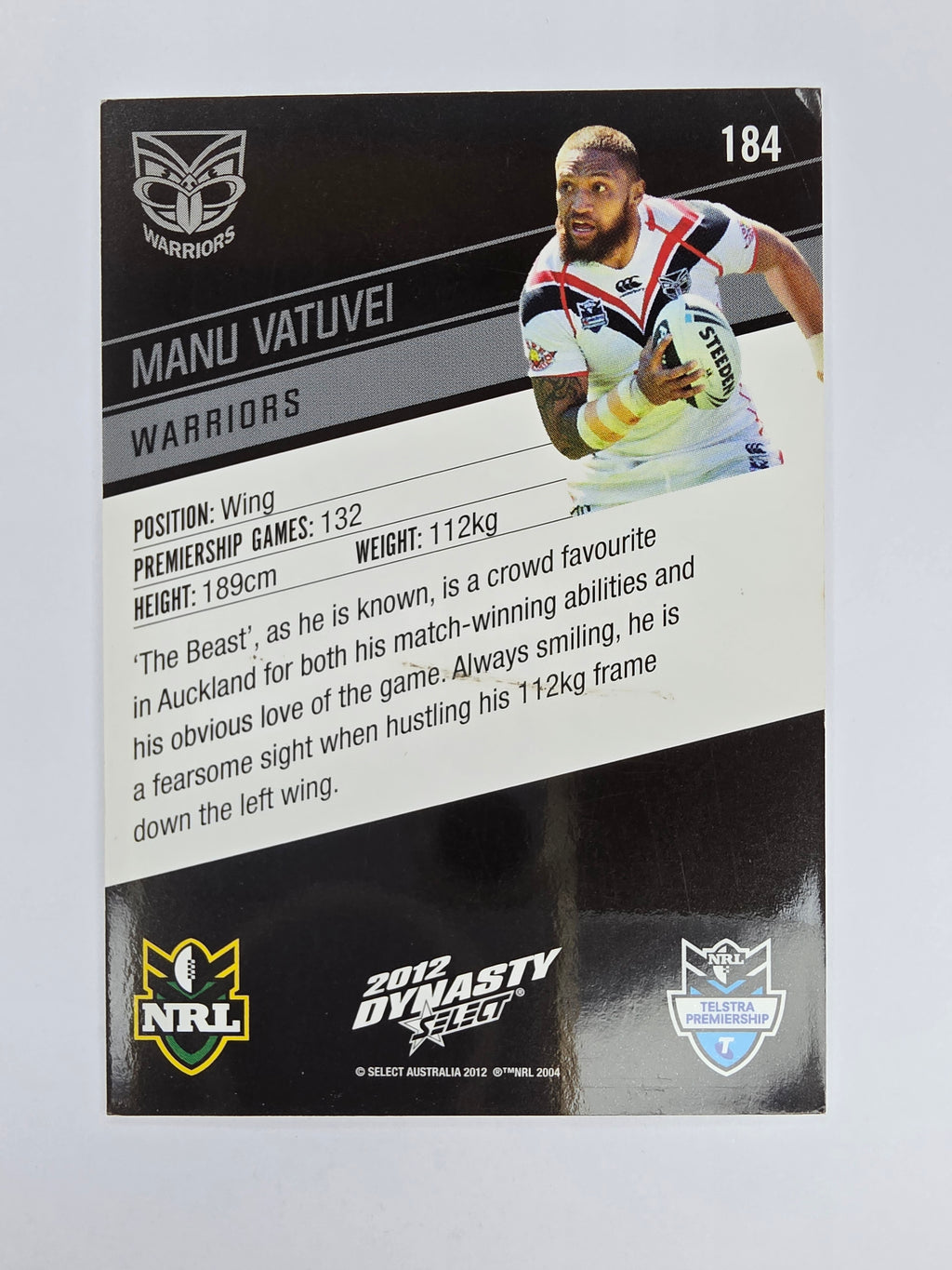 NRL 2012 Dynasty Base Card #184 Manu Vatuvei New Zealand Warriors