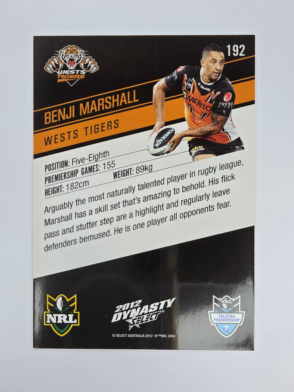 NRL 2012 Dynasty Base Card #192 Benji Marshall Wests Tigers