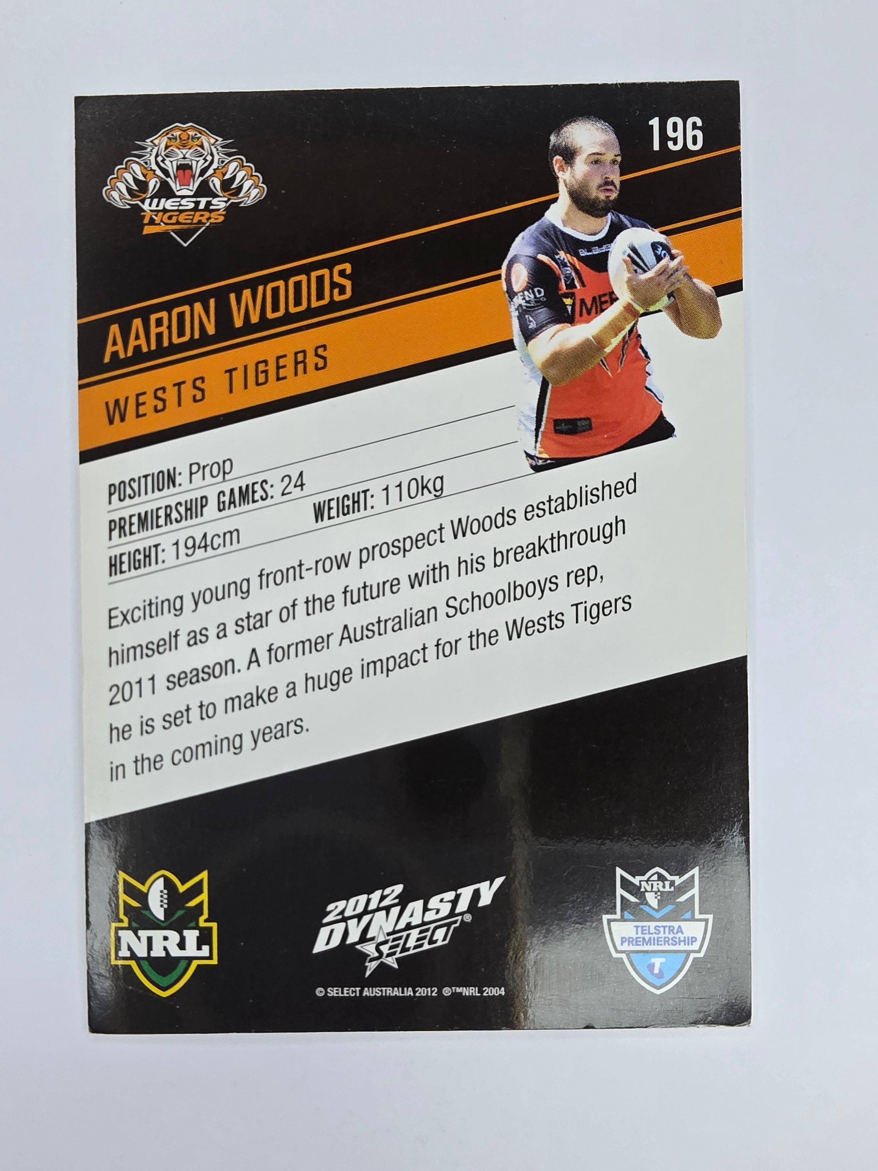 NRL 2012 Dynasty Base Card #196 Aaron Woods Wests Tigers