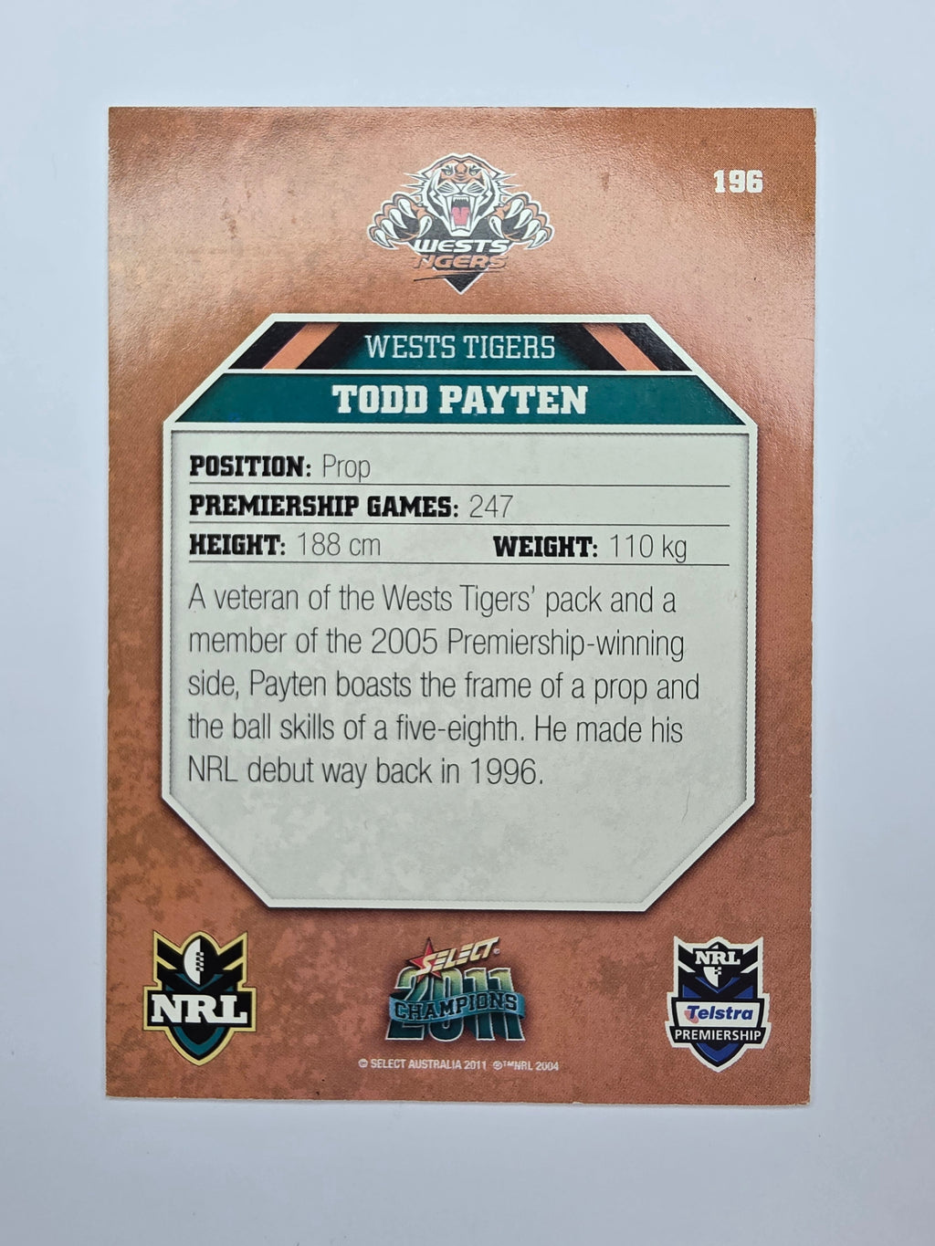 NRL 2011 Champions Base Card #196 Todd Payten Wests Tigers