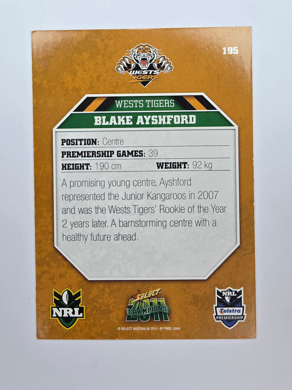 NRL 2011 Champions Base Card #195 Blake Ayshford Wests Tigers