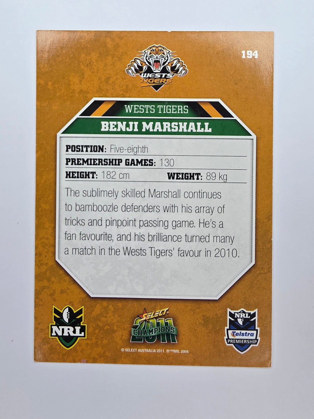 NRL 2011 Champions Base Card #194 Benji Marshall Wests Tigers