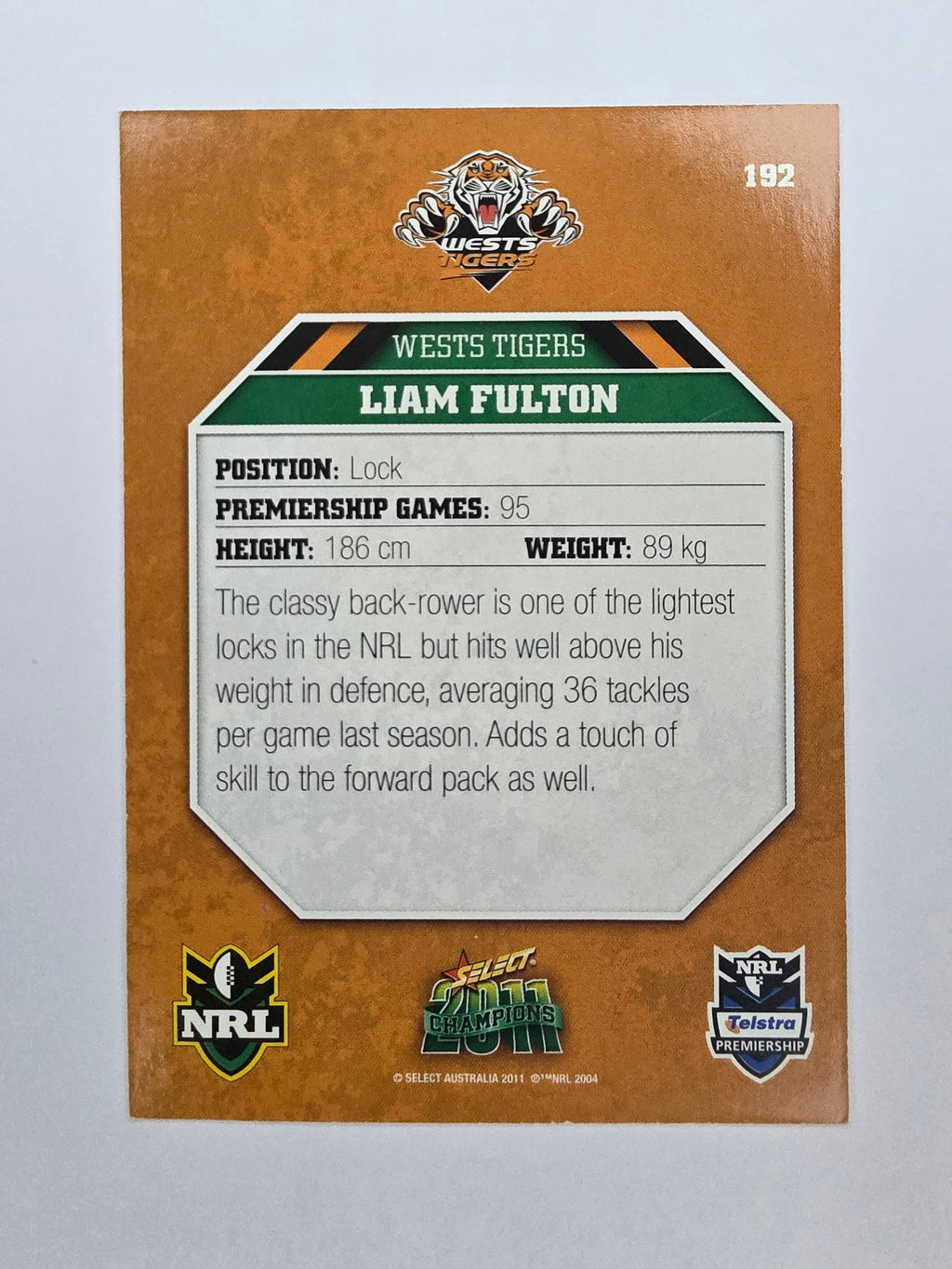 NRL 2011 Champions Base Card #192 Liam Fulton Wests Tigers