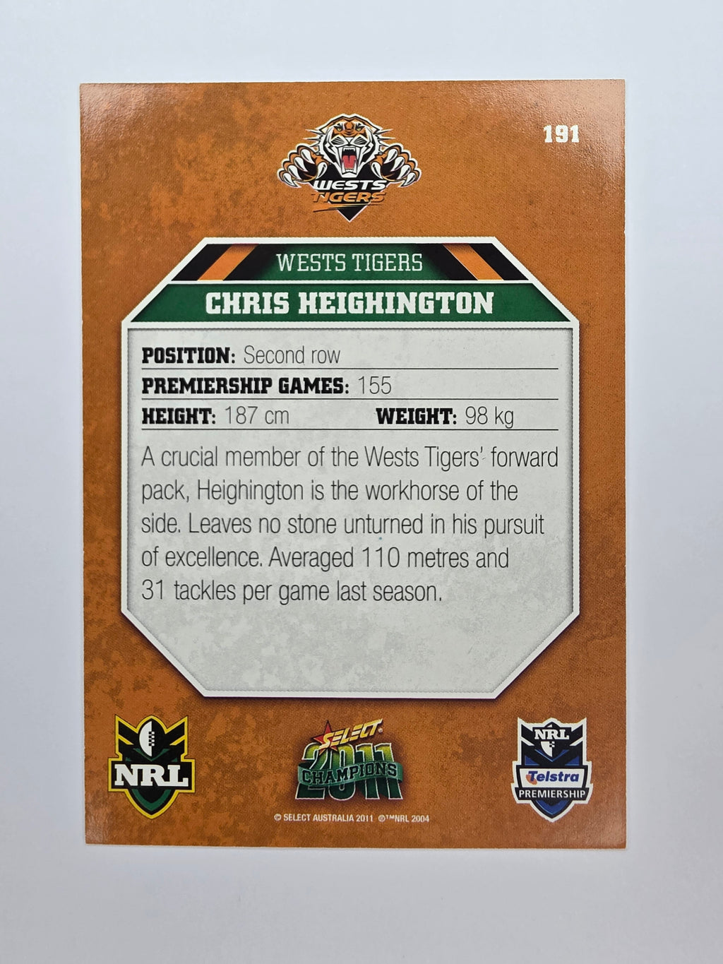 NRL 2011 Champions Base Card #191 Chris Heighington Wests Tigers