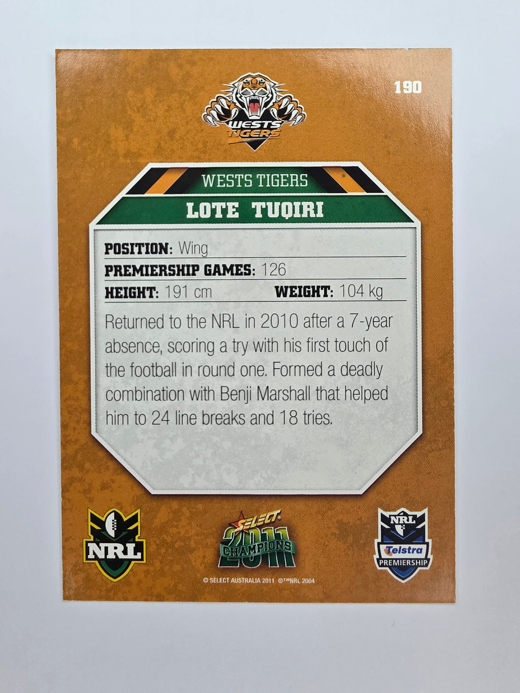 NRL 2011 Champions Base Card #190 Lote Tuqiri Wests Tigers
