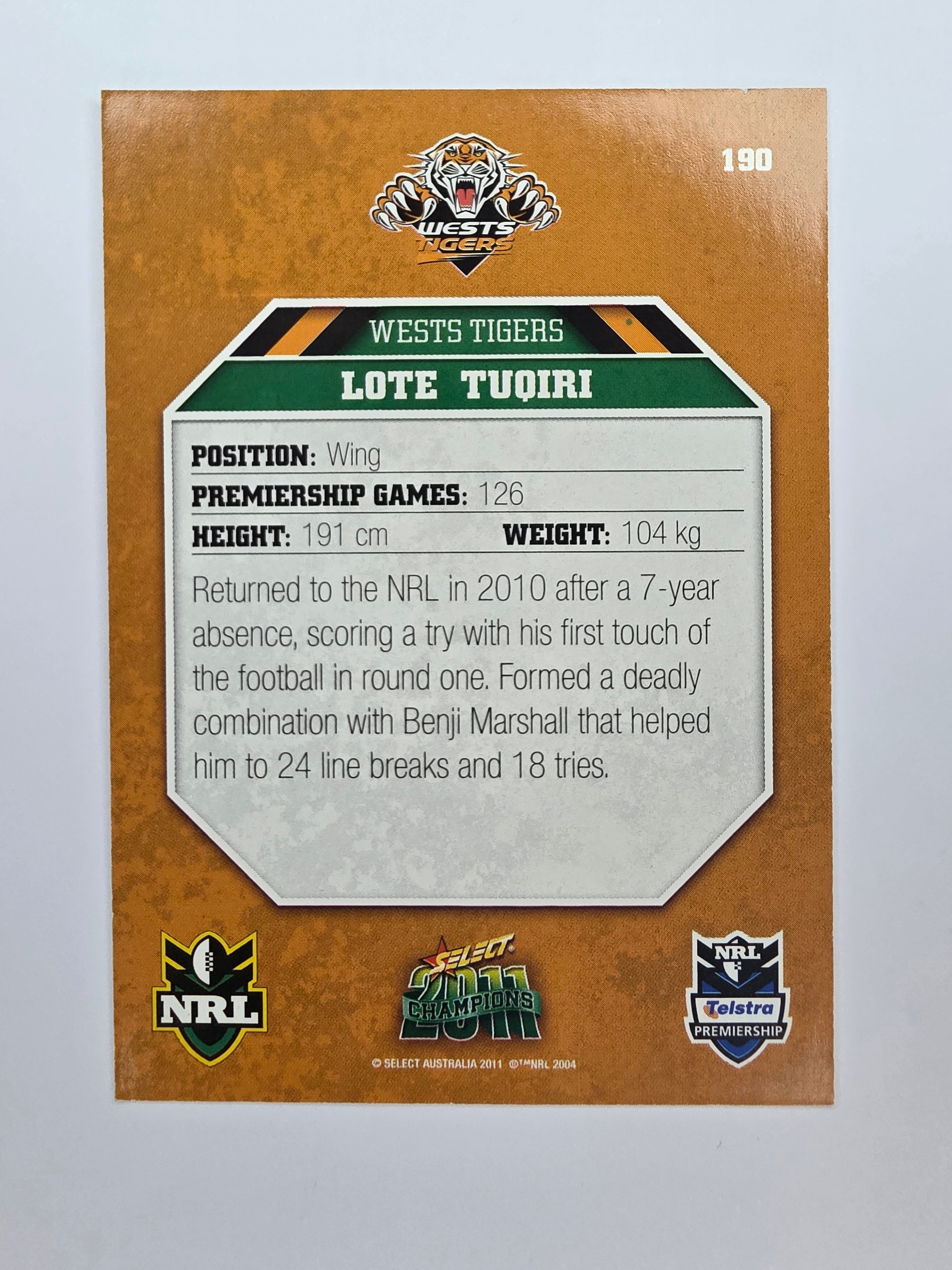 NRL 2011 Champions Base Card #190 Lote Tuqiri Wests Tigers