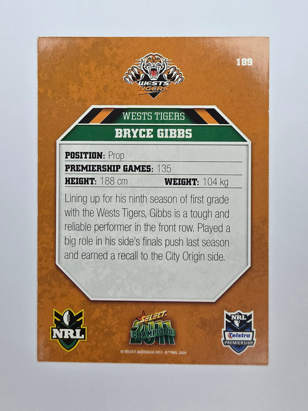 NRL 2011 Champions Base Card #189 Bryce Gibbs Wests Tigers