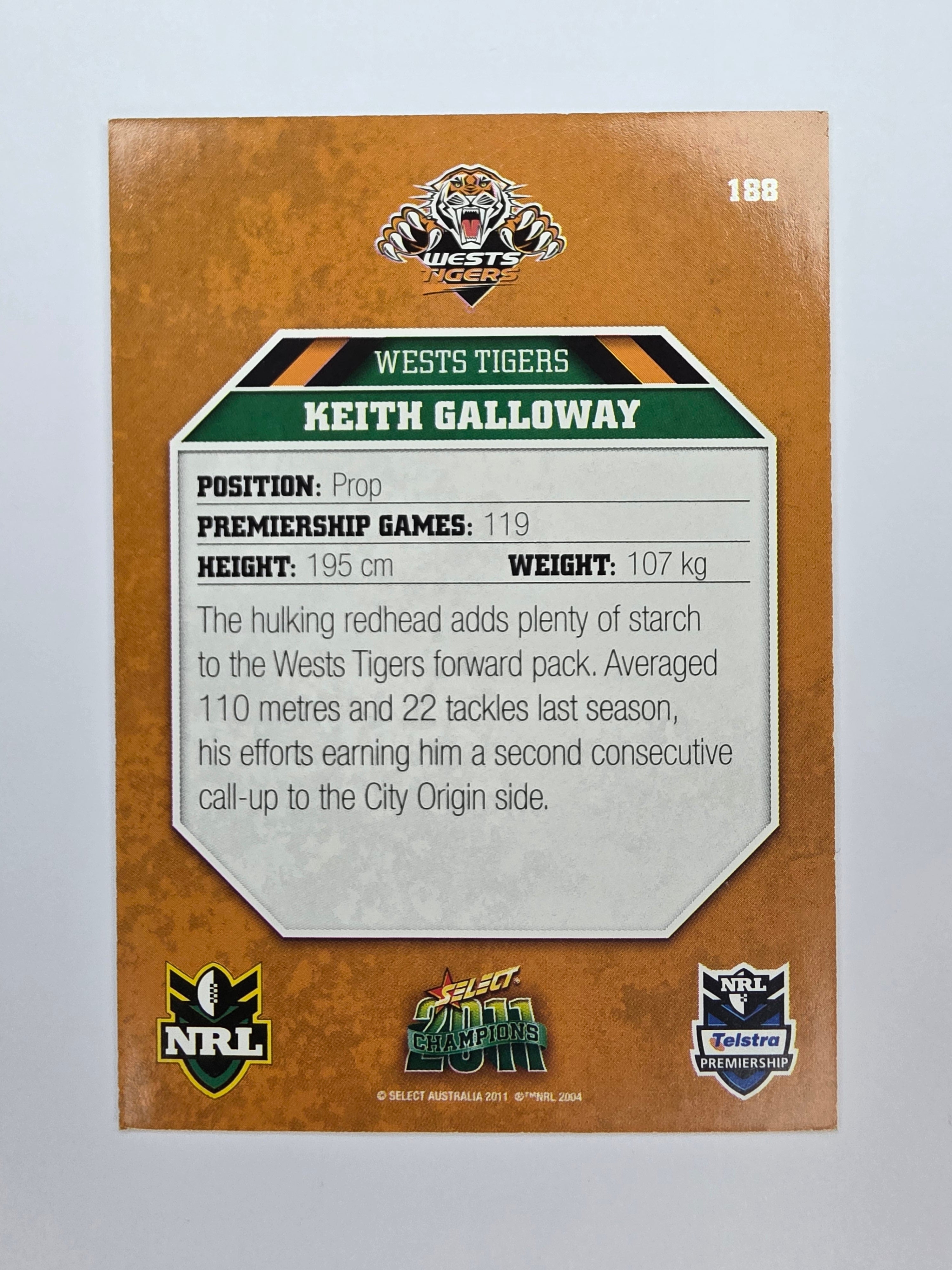 NRL 2011 Champions Base Card #188 Keith Galloway Wests Tigers