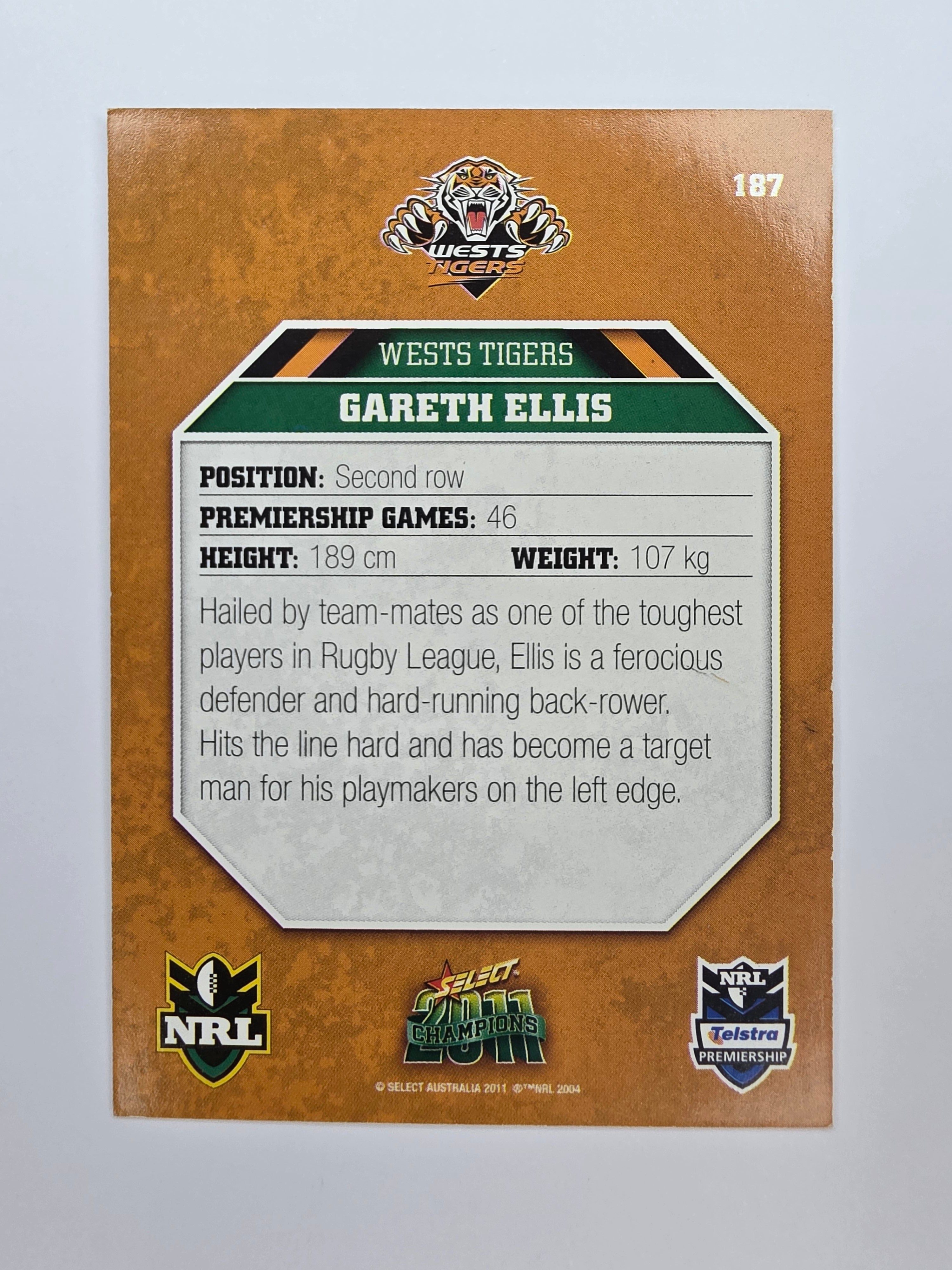 NRL 2011 Champions Base Card #187 Gareth Ellis Wests Tigers