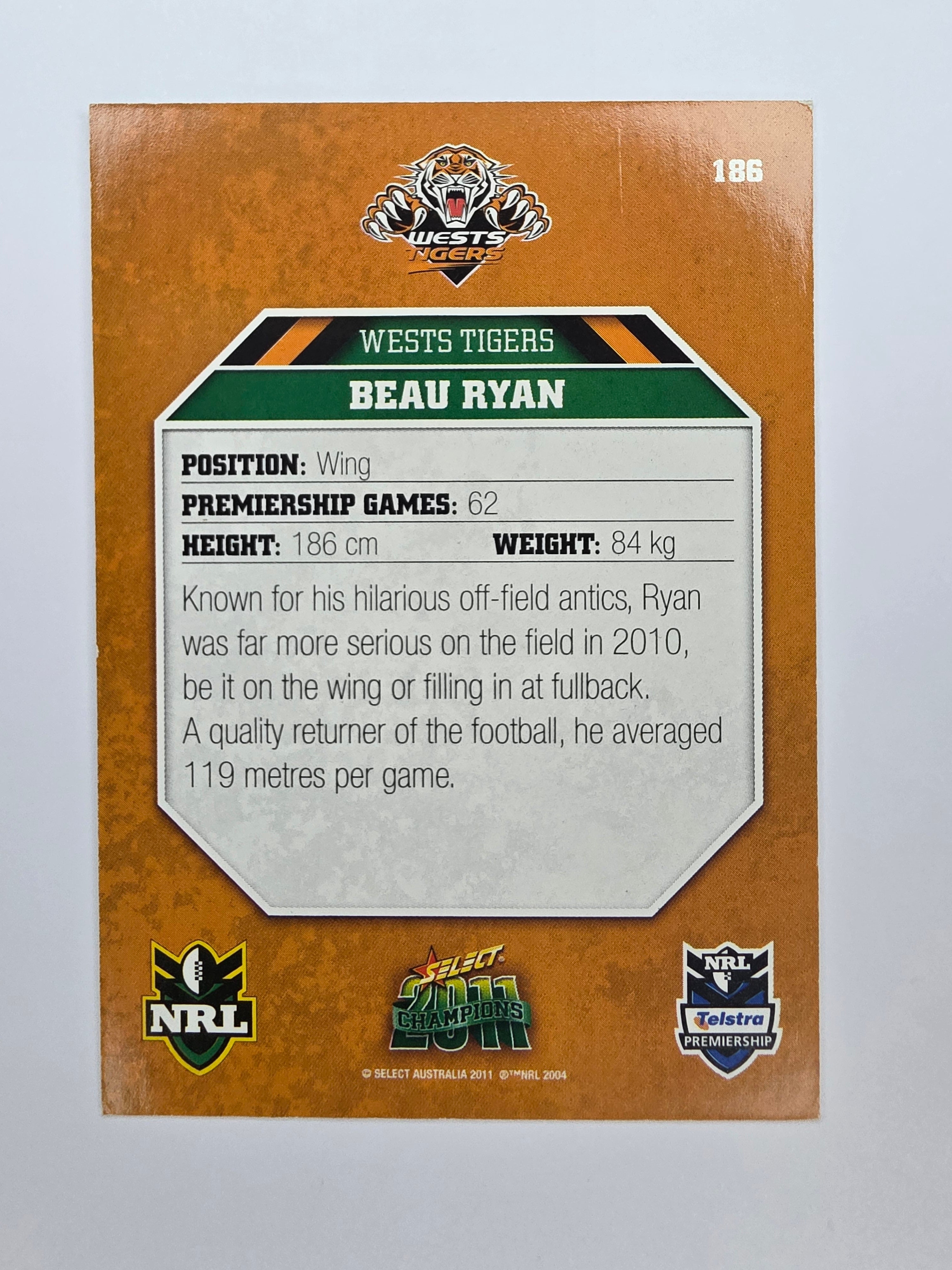 NRL 2011 Champions Base Card #186 Beau Ryan Wests Tigers