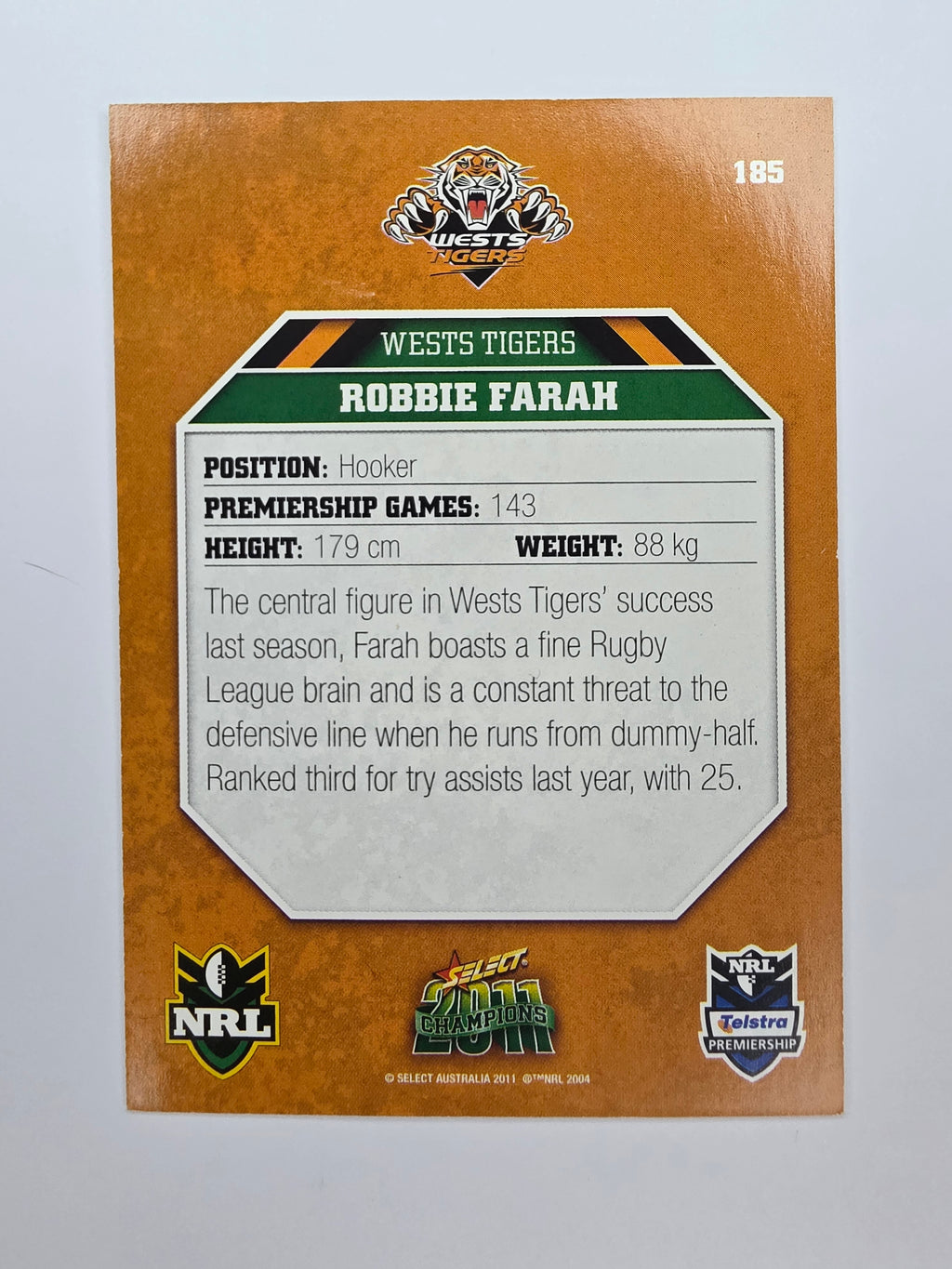 NRL 2011 Champions Base Card #185 Robbie Farah Wests Tigers