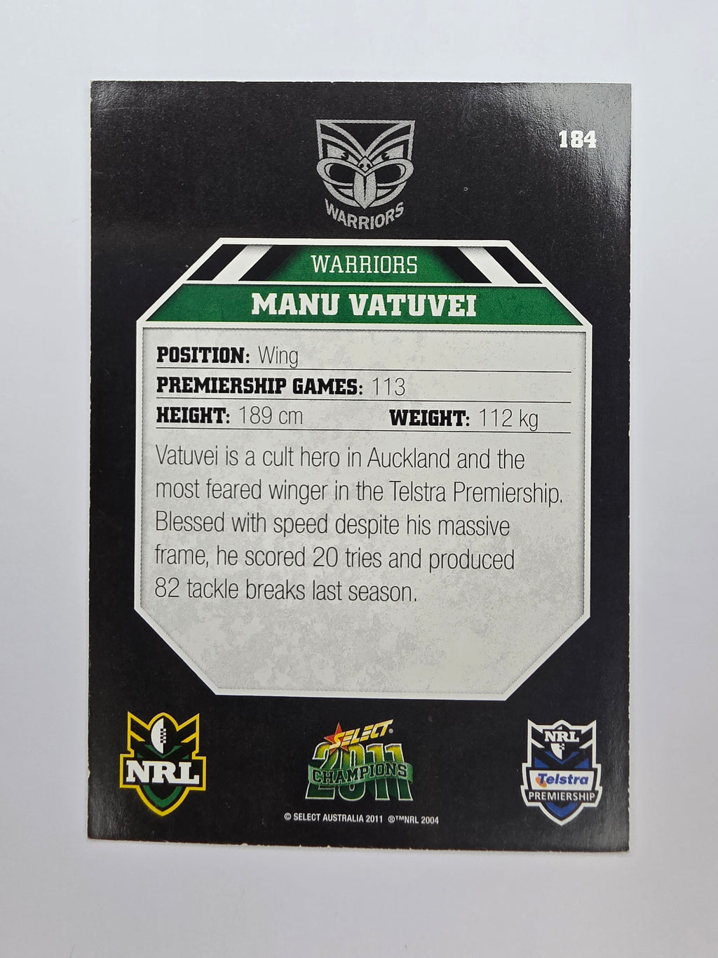 NRL 2011 Champions Base Card #184 Manu Vatuvei New Zealand Warriors