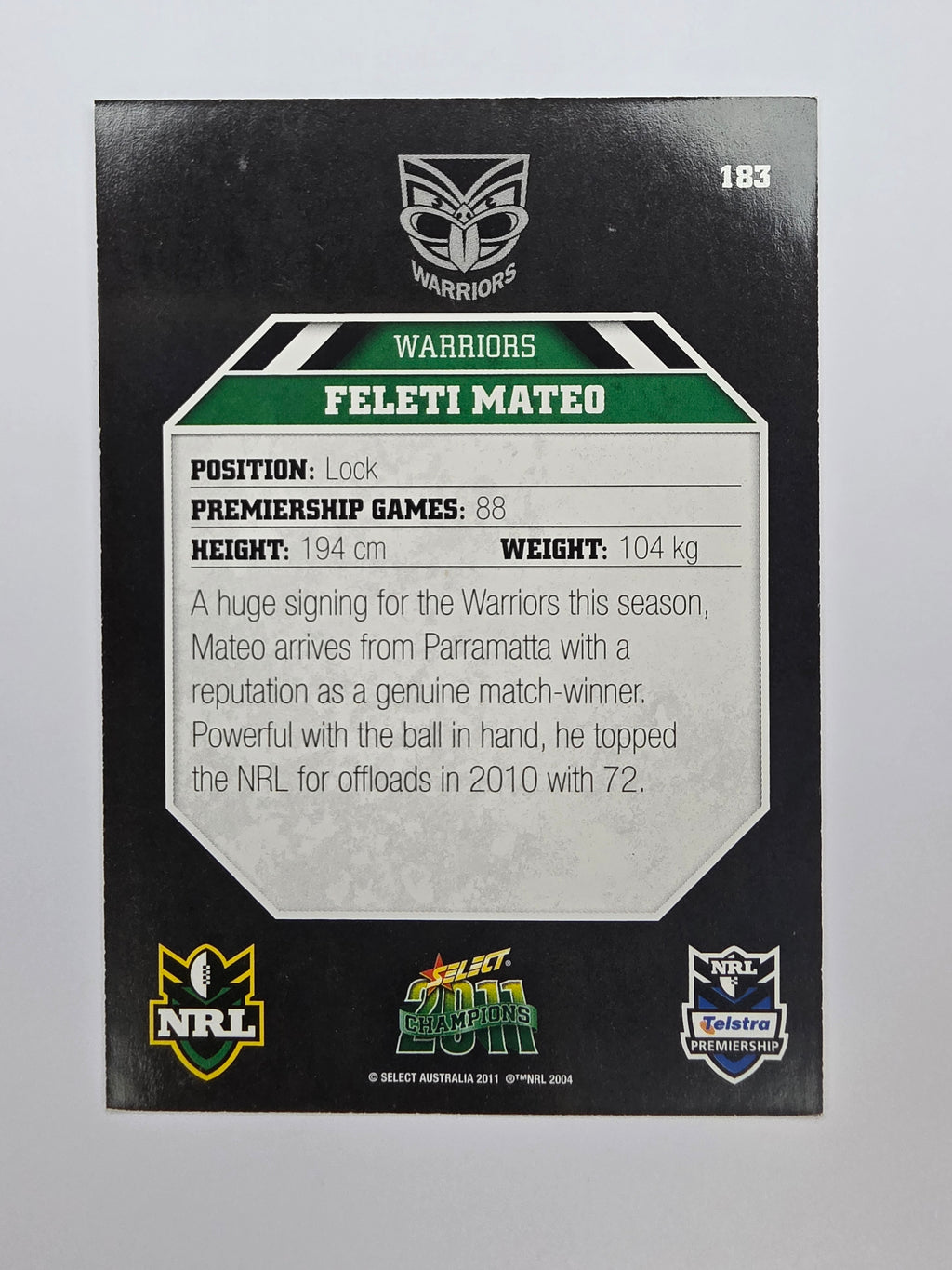 NRL 2011 Champions Base Card #183 Feleti Mateo New Zealand Warriors
