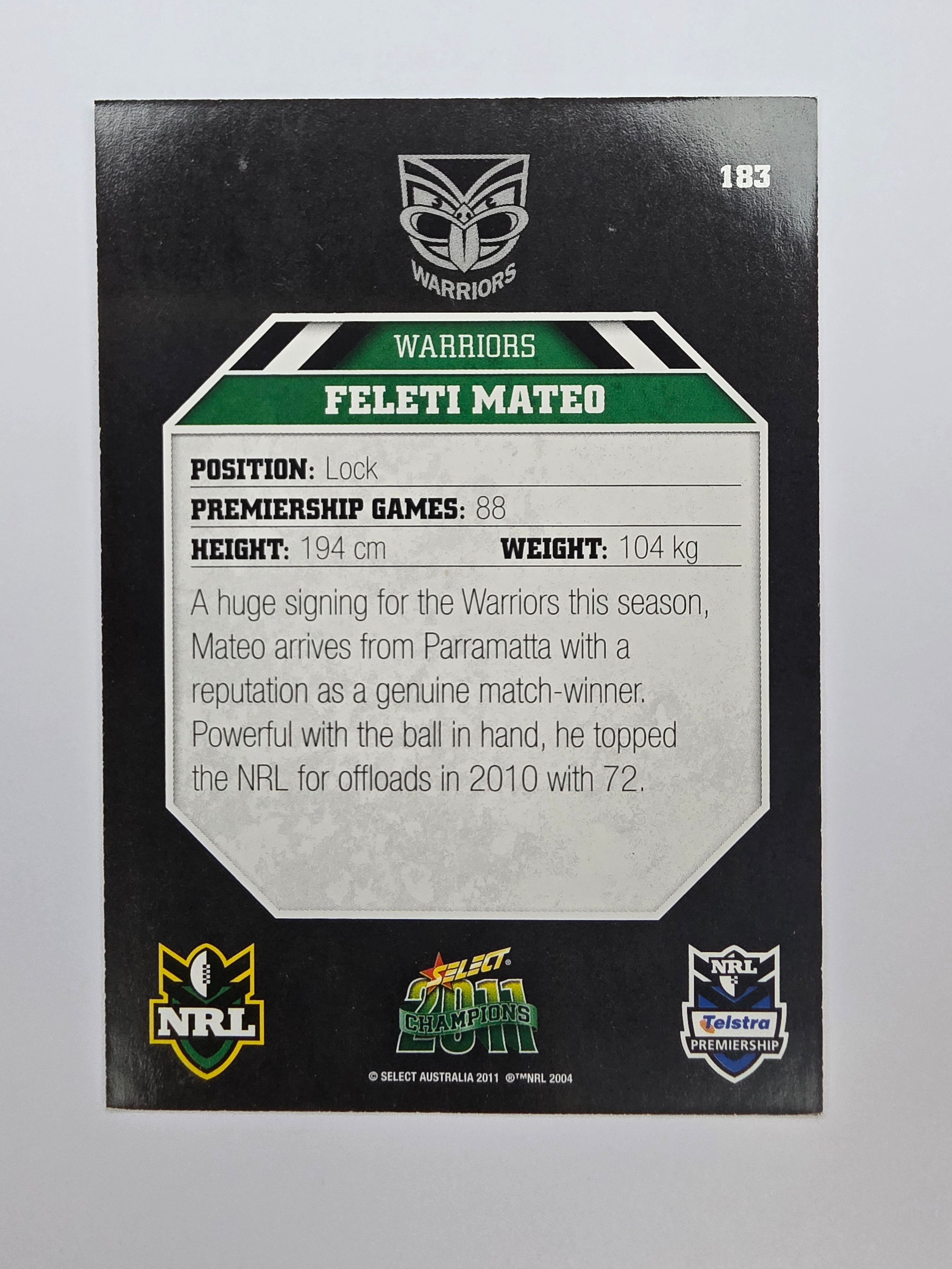 NRL 2011 Champions Base Card #183 Feleti Mateo New Zealand Warriors
