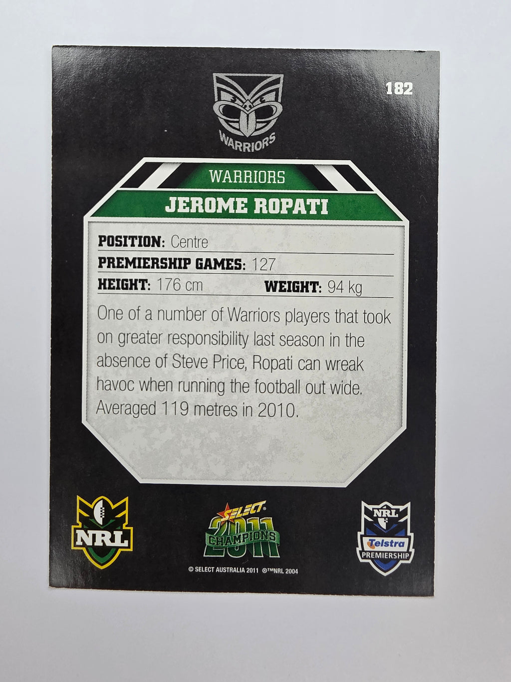 NRL 2011 Champions Base Card #182 Jerome Ropati New Zealand Warriors