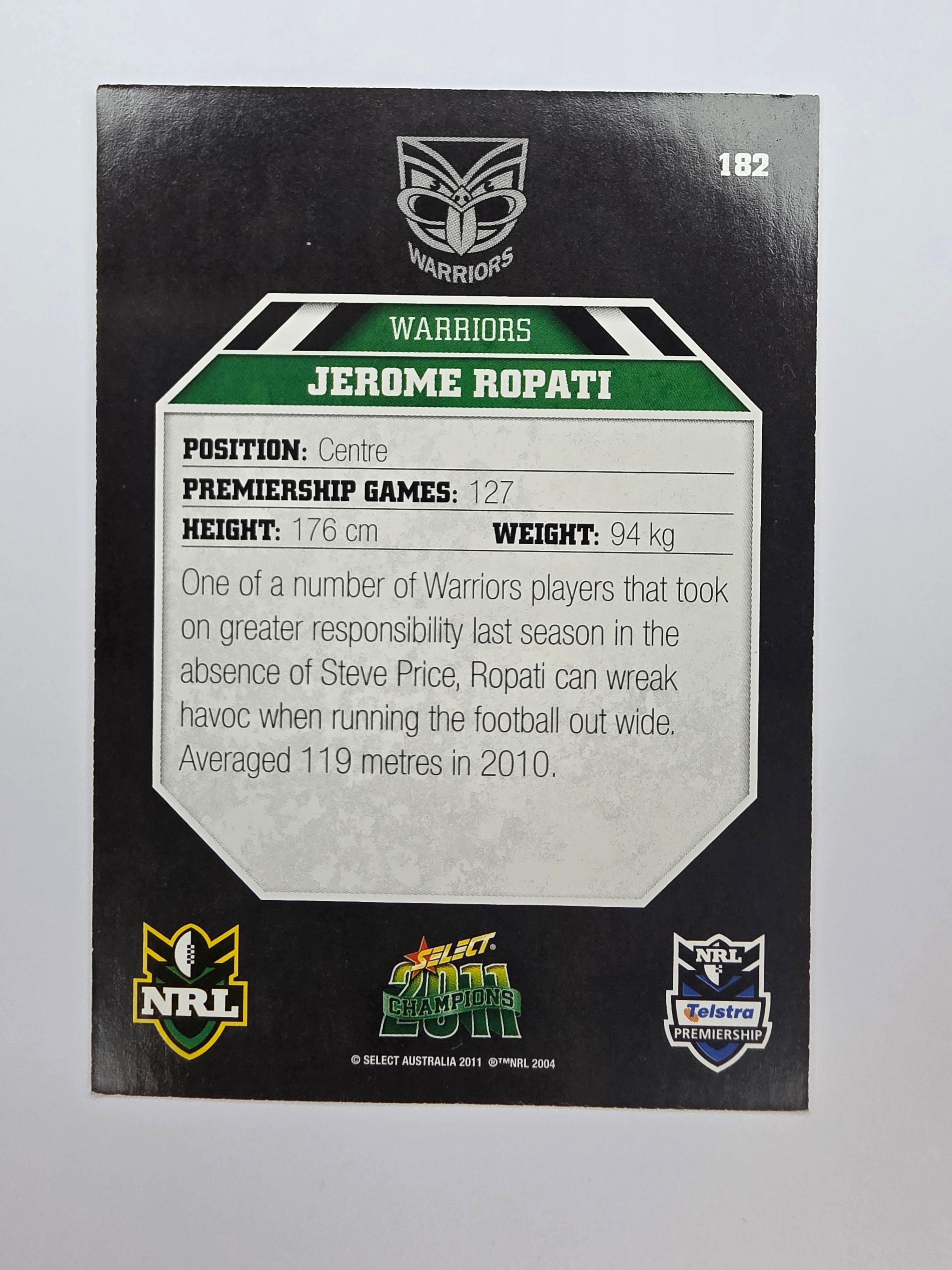 NRL 2011 Champions Base Card #182 Jerome Ropati New Zealand Warriors