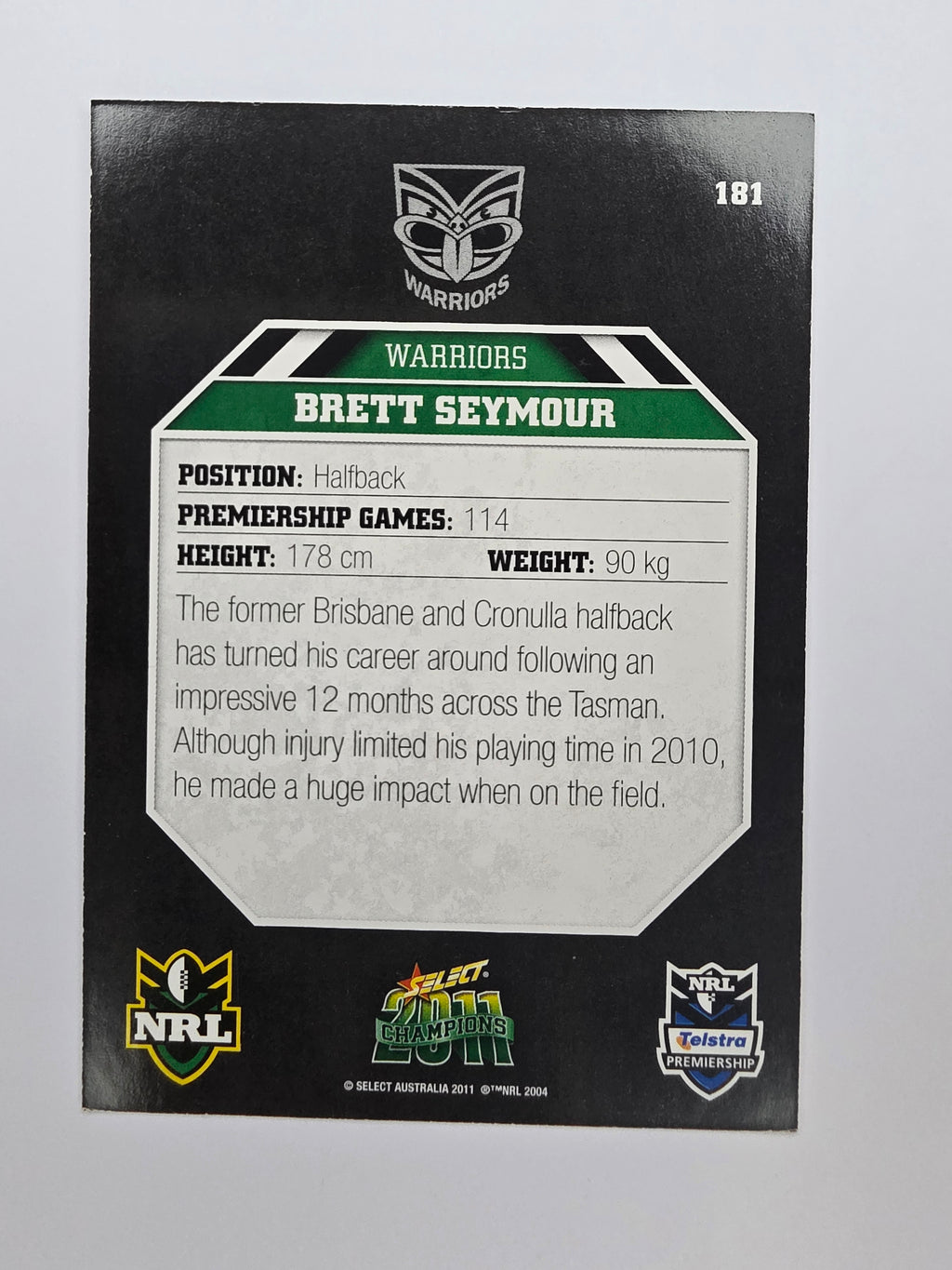 NRL 2011 Champions Base Card #181 Brett Seymour New Zealand Warriors