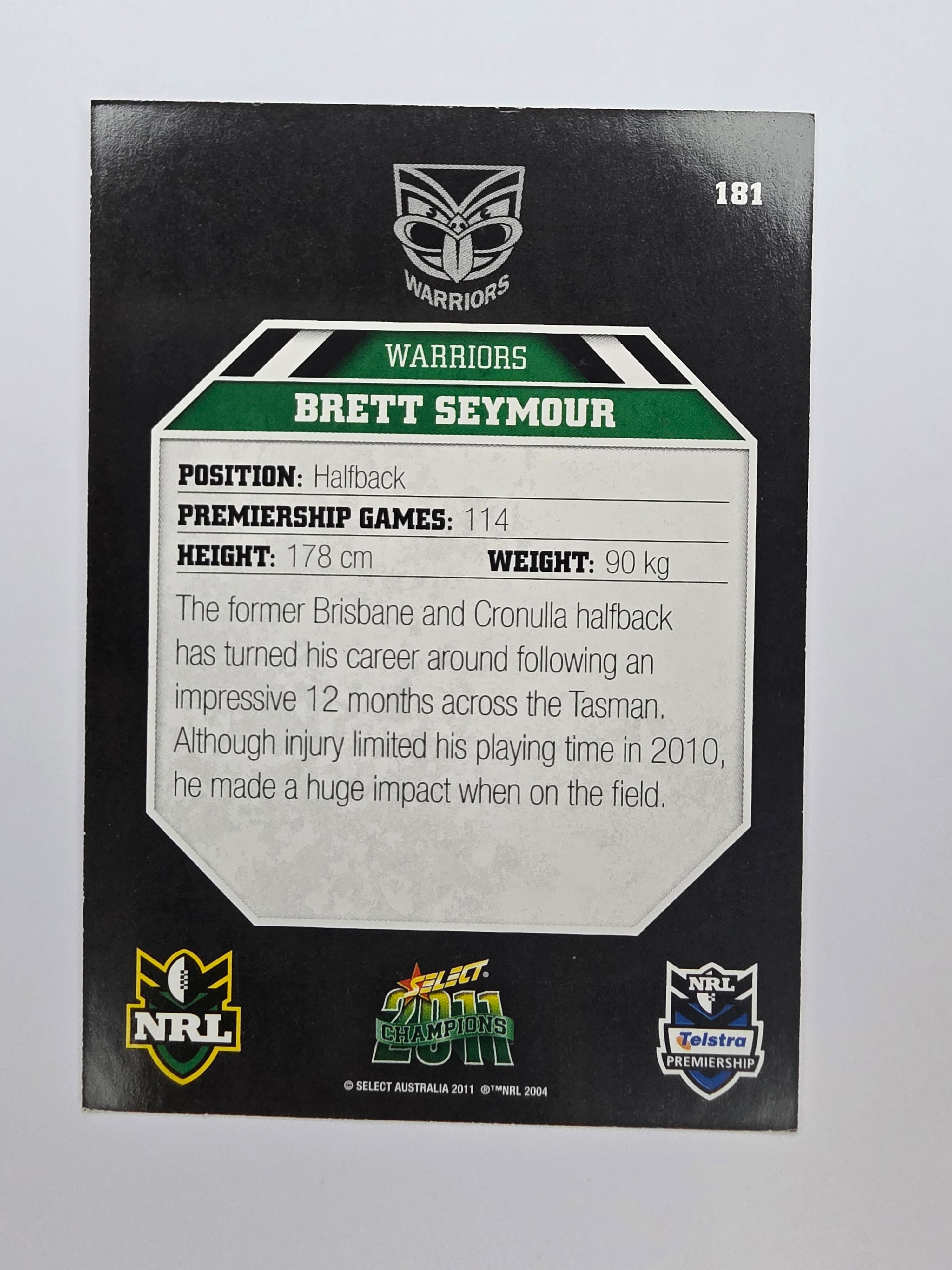 NRL 2011 Champions Base Card #181 Brett Seymour New Zealand Warriors