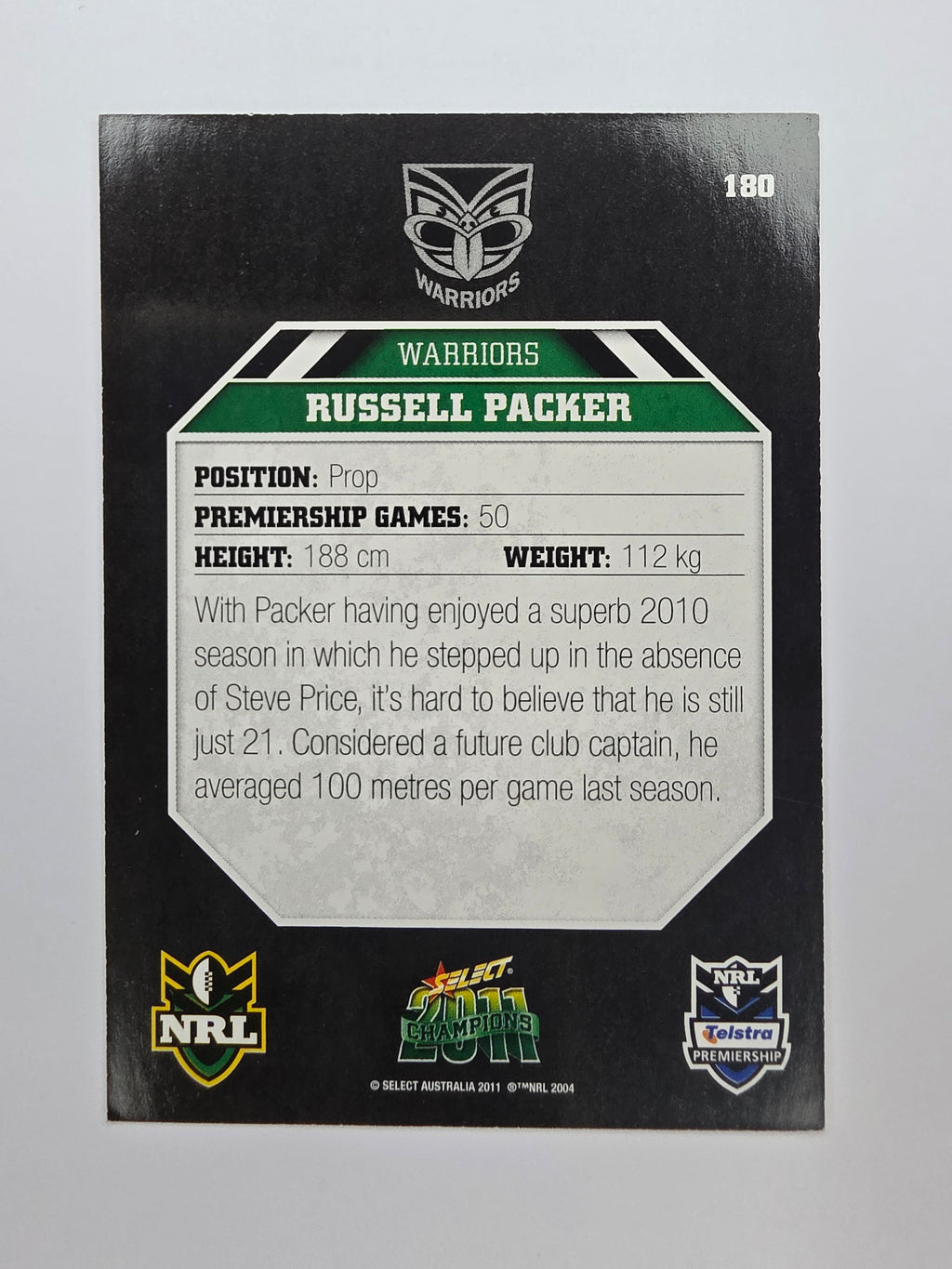 NRL 2011 Champions Base Card #180 Russell Packer New Zealand Warriors