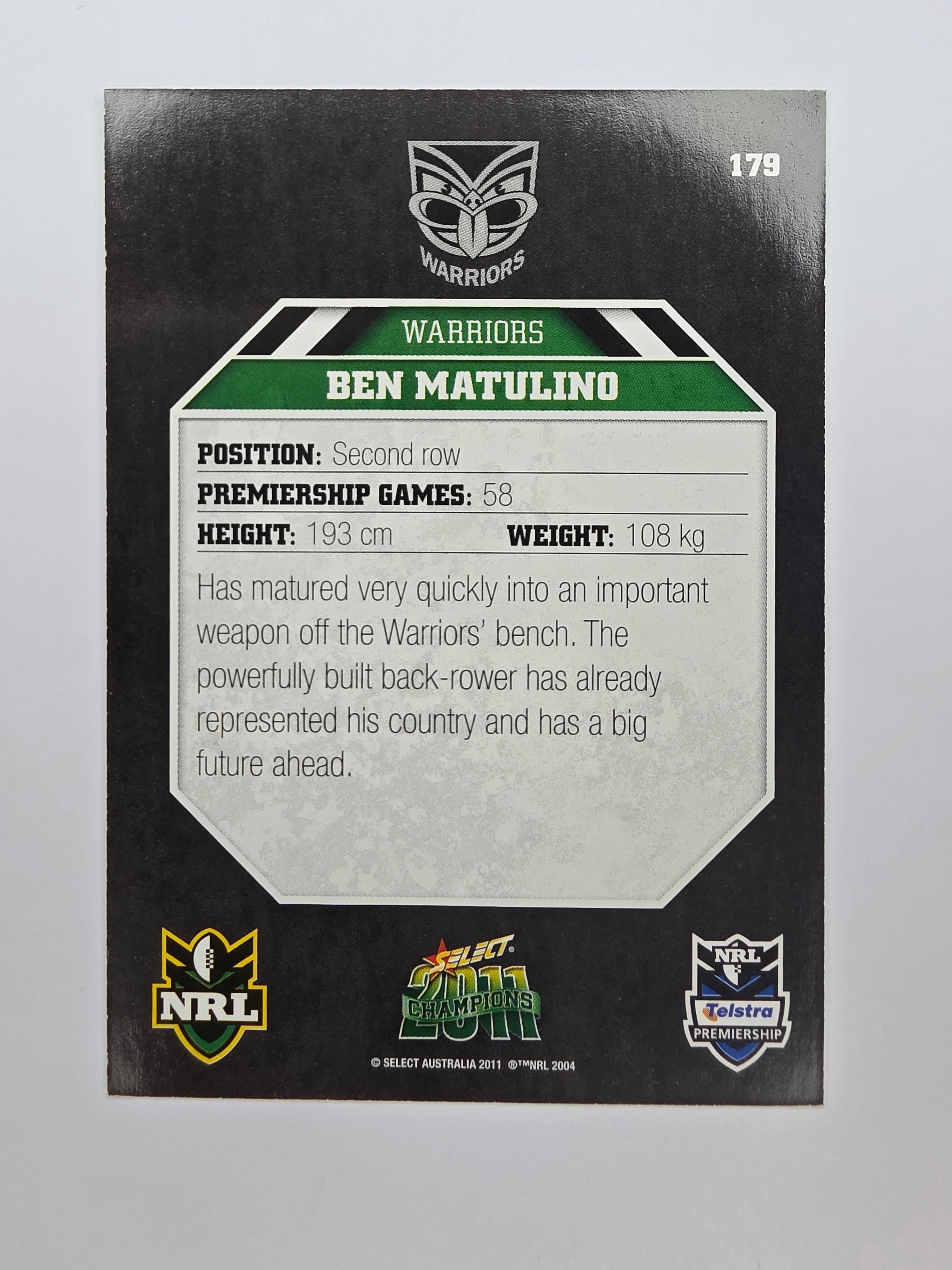 NRL 2011 Champions Base Card #179 Ben Matulino New Zealand Warriors