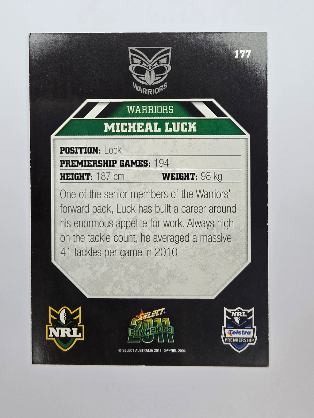 NRL 2011 Champions Base Card #177 Micheal Luck New Zealand Warriors